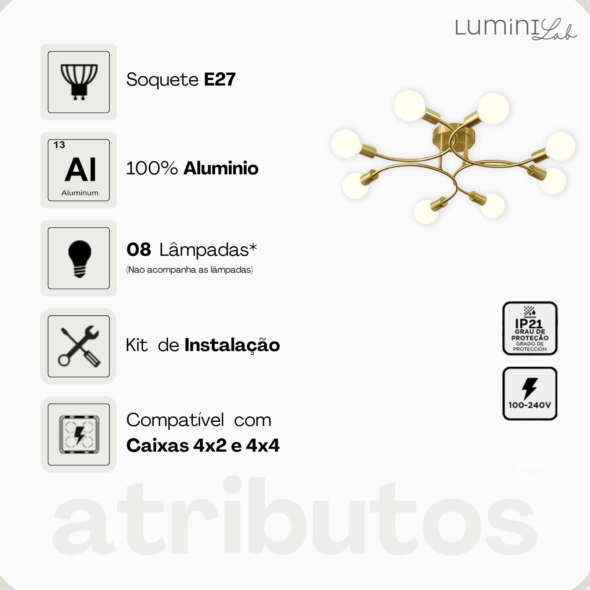 Plafon Max Aluminio Teto E27 8 Luzes Lumini Lab