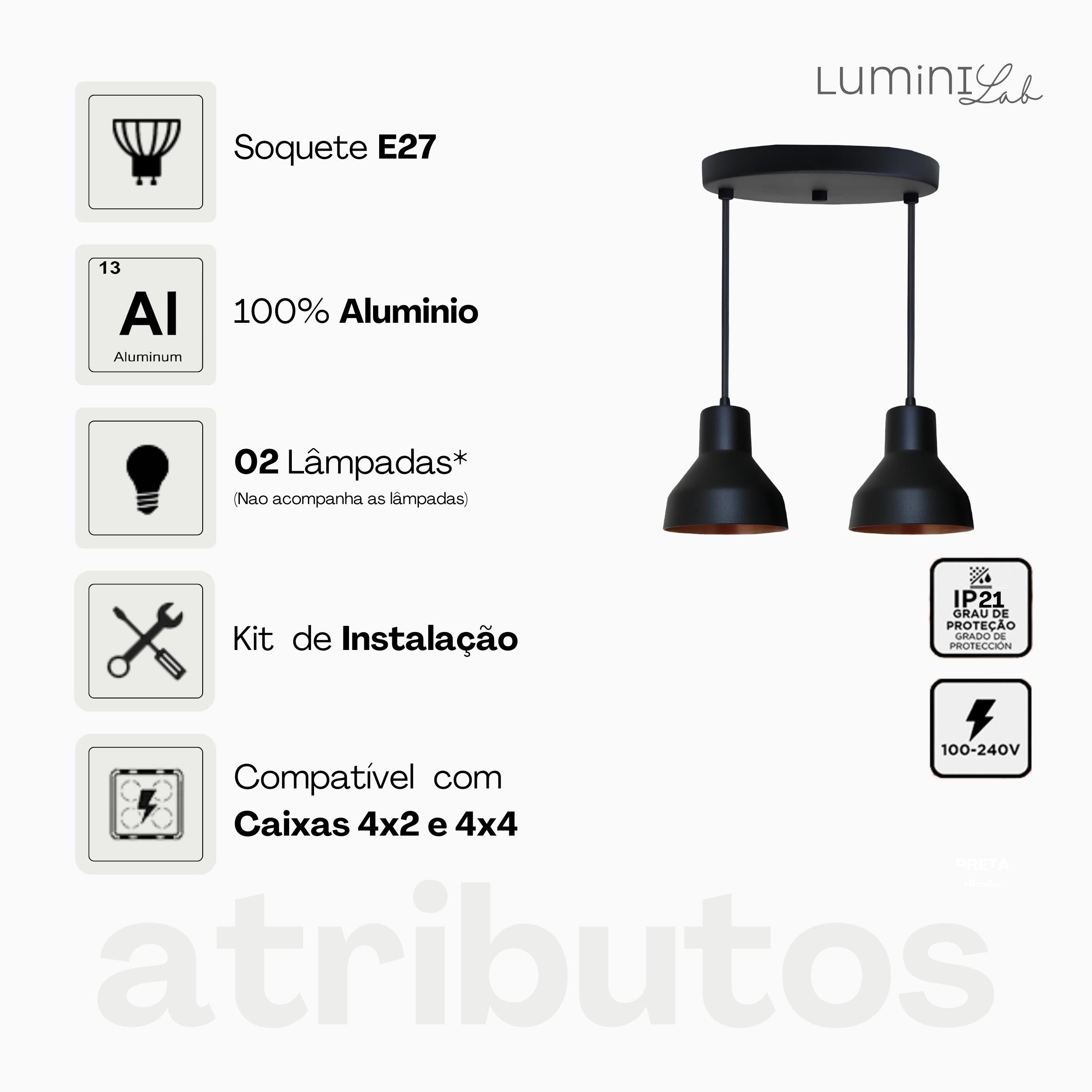 Pendente Sino Aluminio Teto E27 2 Luzes Lumini Lab