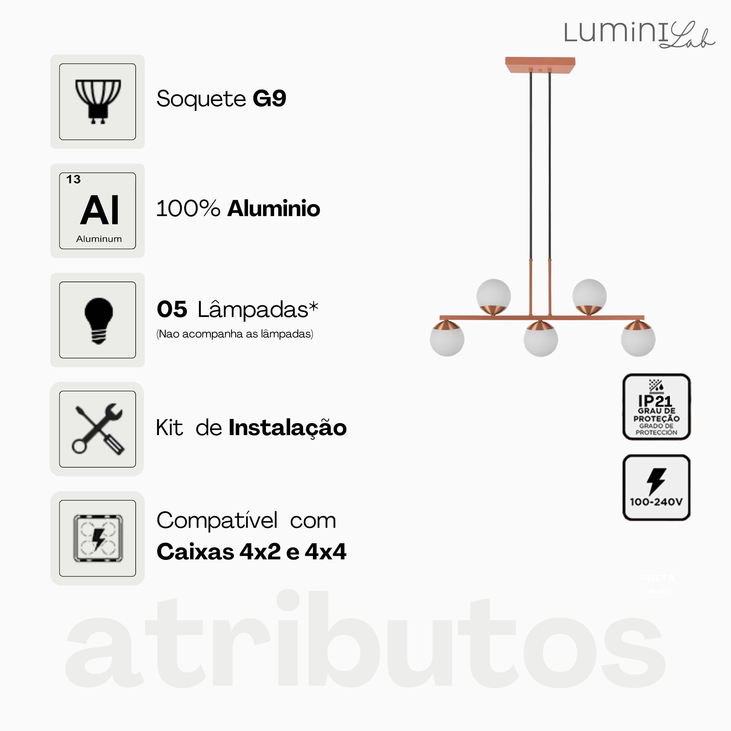 Pendente Orbe Aluminio Teto Cabo 1 metro 5 Luzes G9 D12 Bivolt Lumini Lab