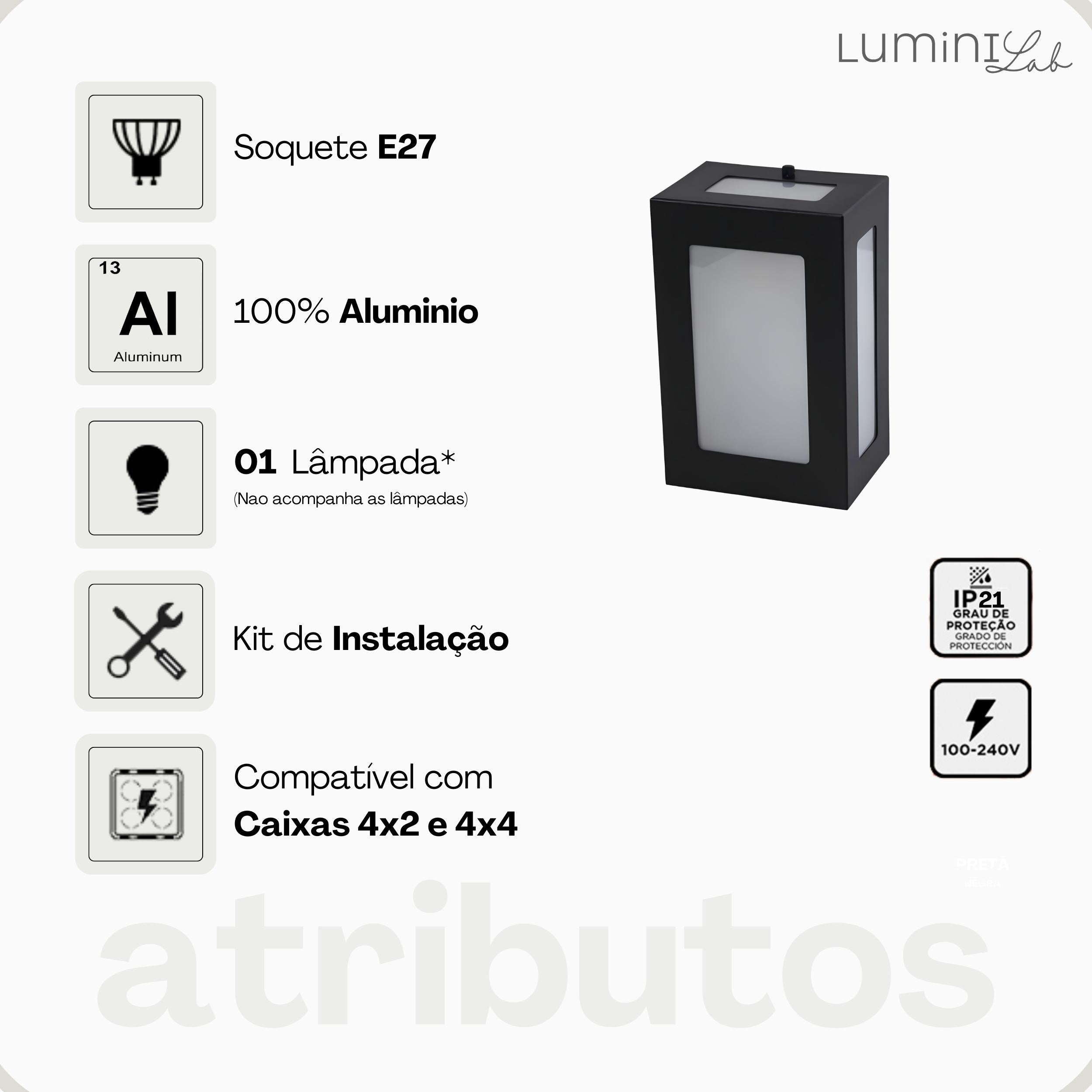 Arandela Retangular Aluminio 5 Fachos Parede E27 1 Luz Lumini Lab