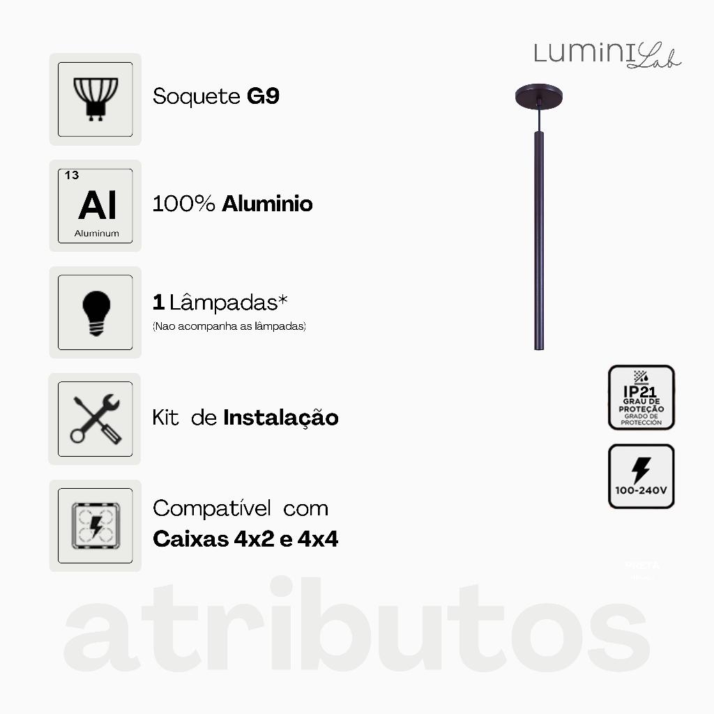 Pendente Tubinho Aluminio Teto Cabo 1 metro 1 Luz GU10 Bivolt Lumini Lab