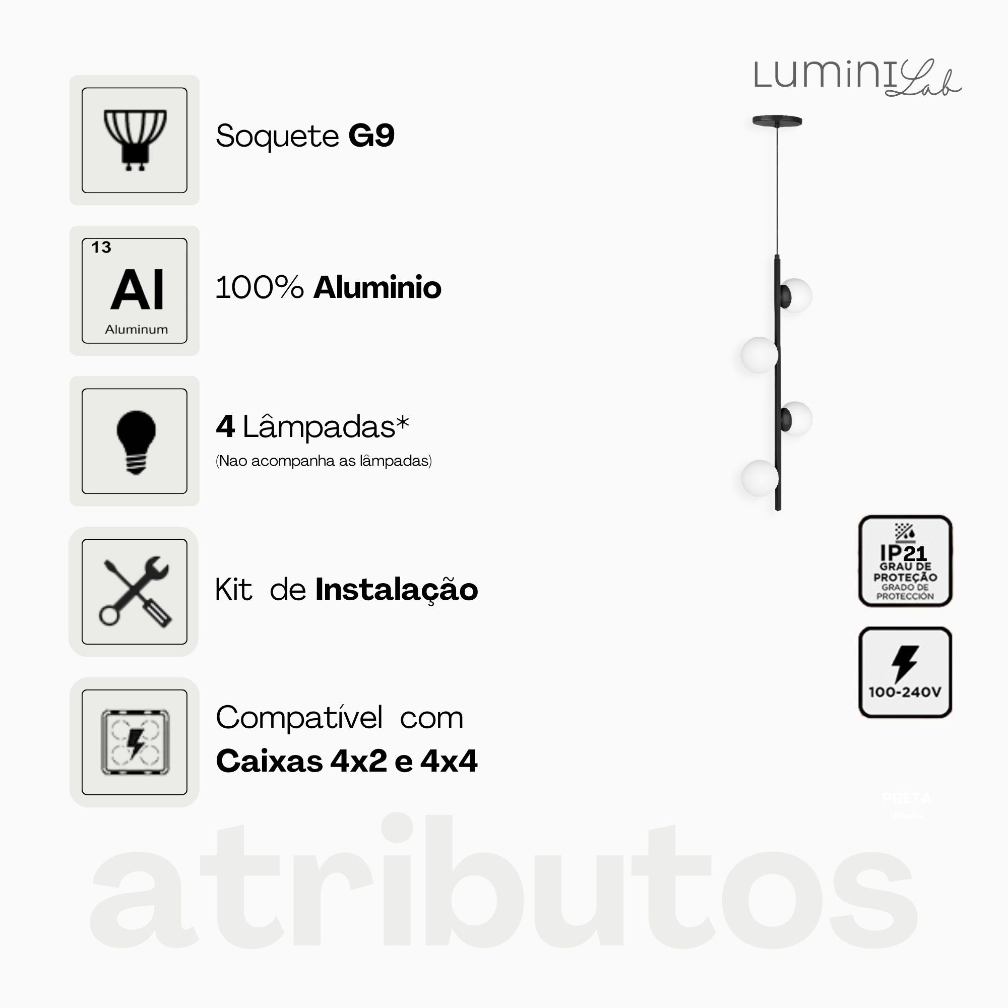 Pendente Bahrein Aluminio Teto Cabo 1 metro 4 Luzes G9 D12 Bivolt Lumini Lab