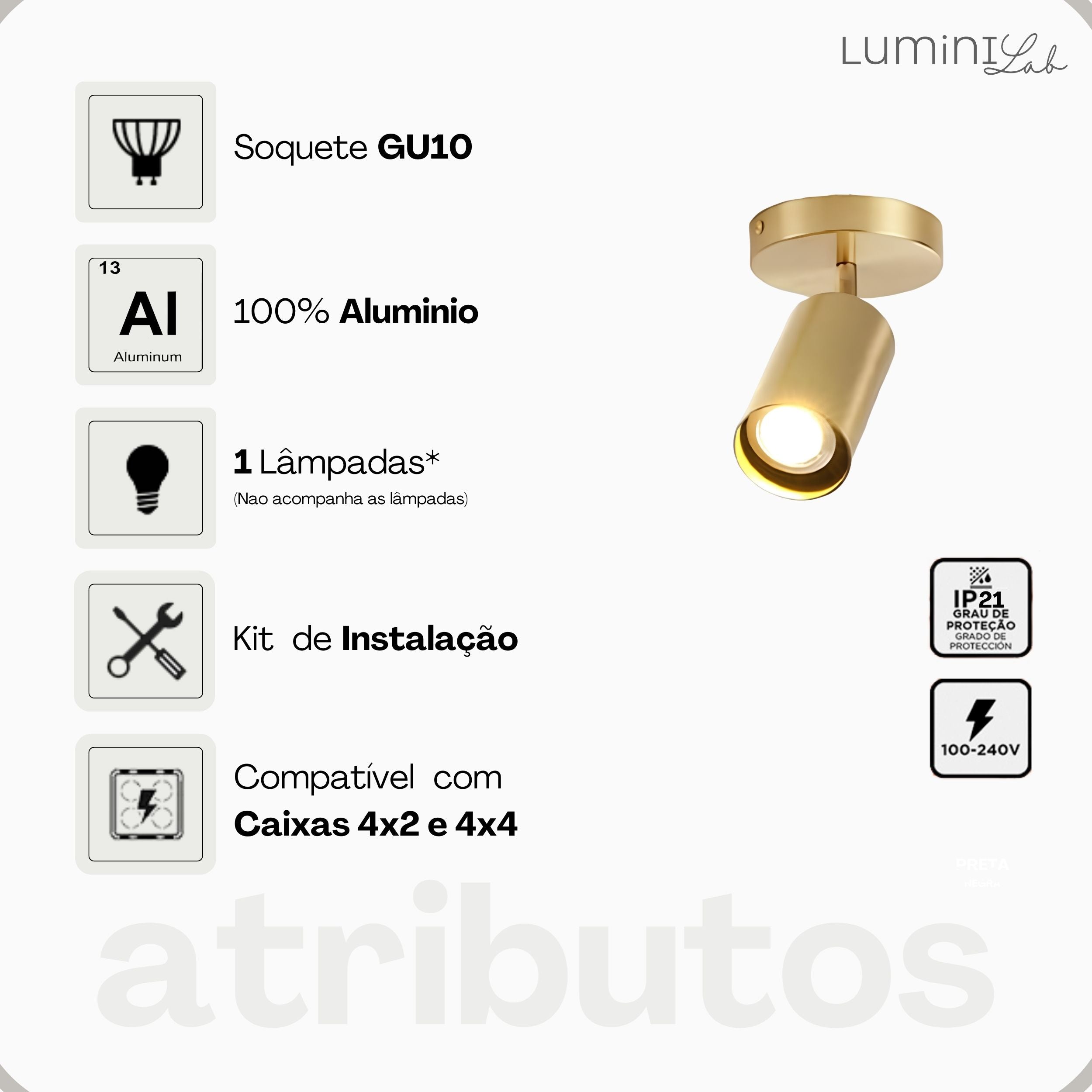 Spot Industrial Aluminio Teto 1 Luz GU10 Bivolt Lumini Lab