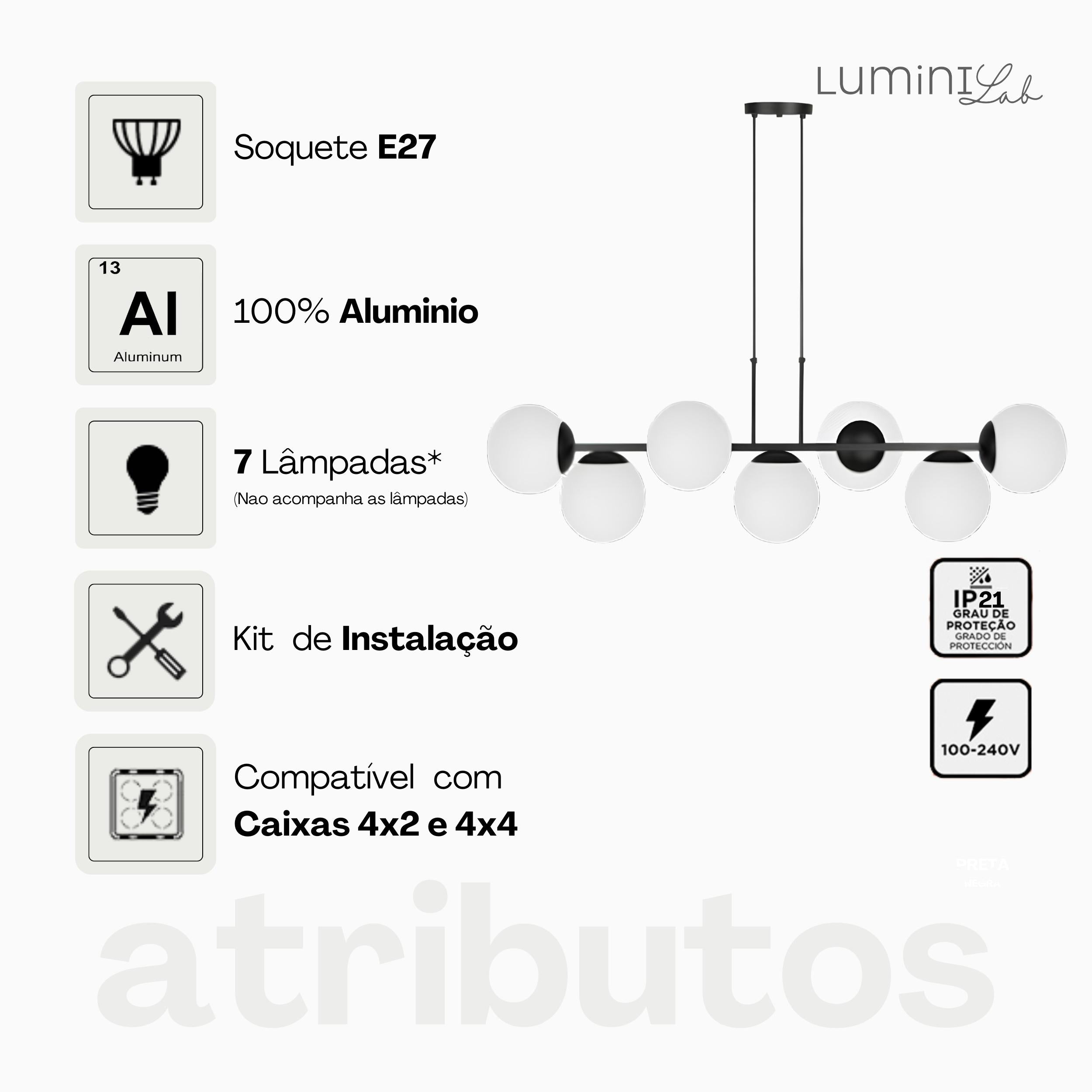 Pendente Hanover Aluminio D15 Teto E27 7 Luzes Lumini Lab