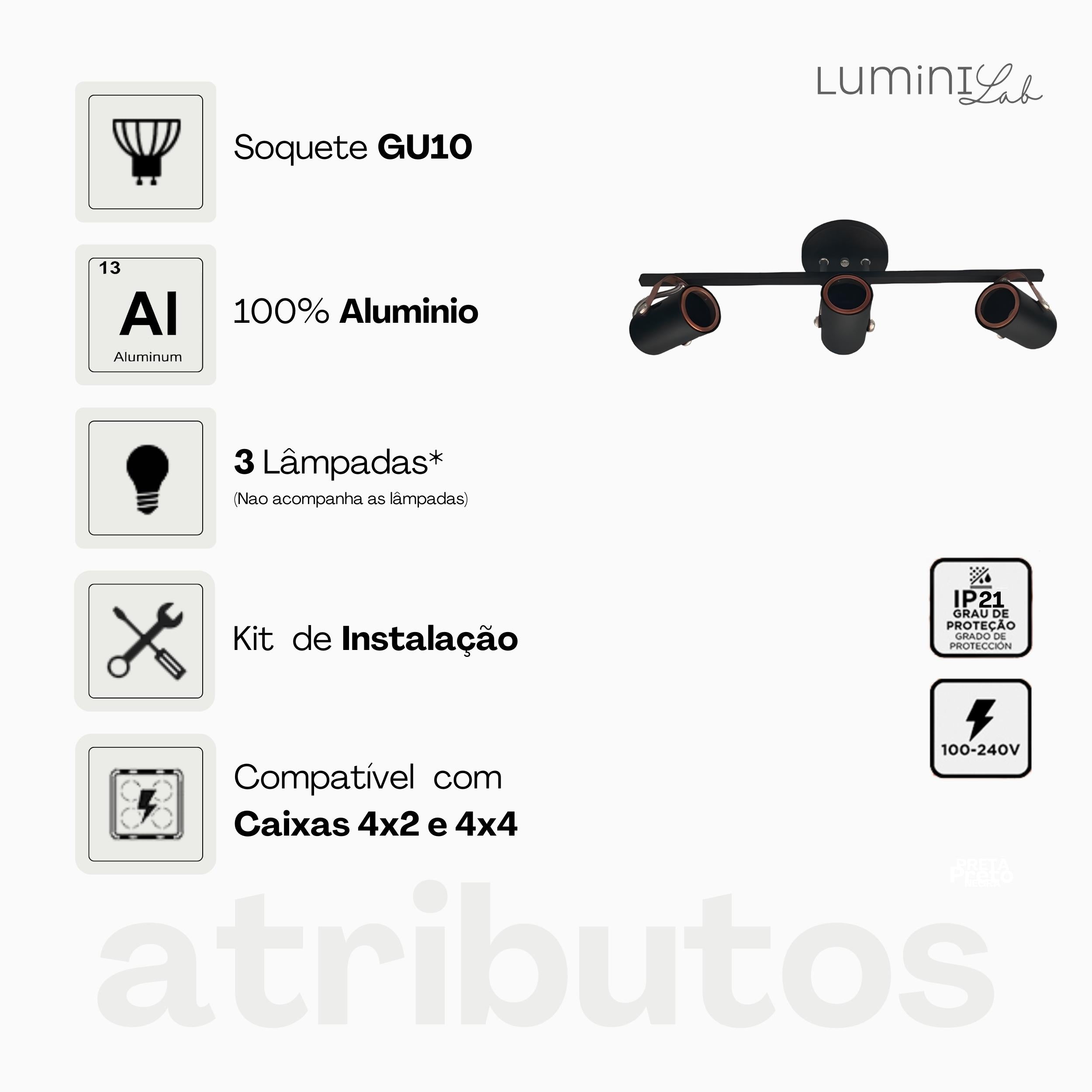 Spot Trilho Moderno Aluminio Teto GU10 3 Luzes Lumini Lab