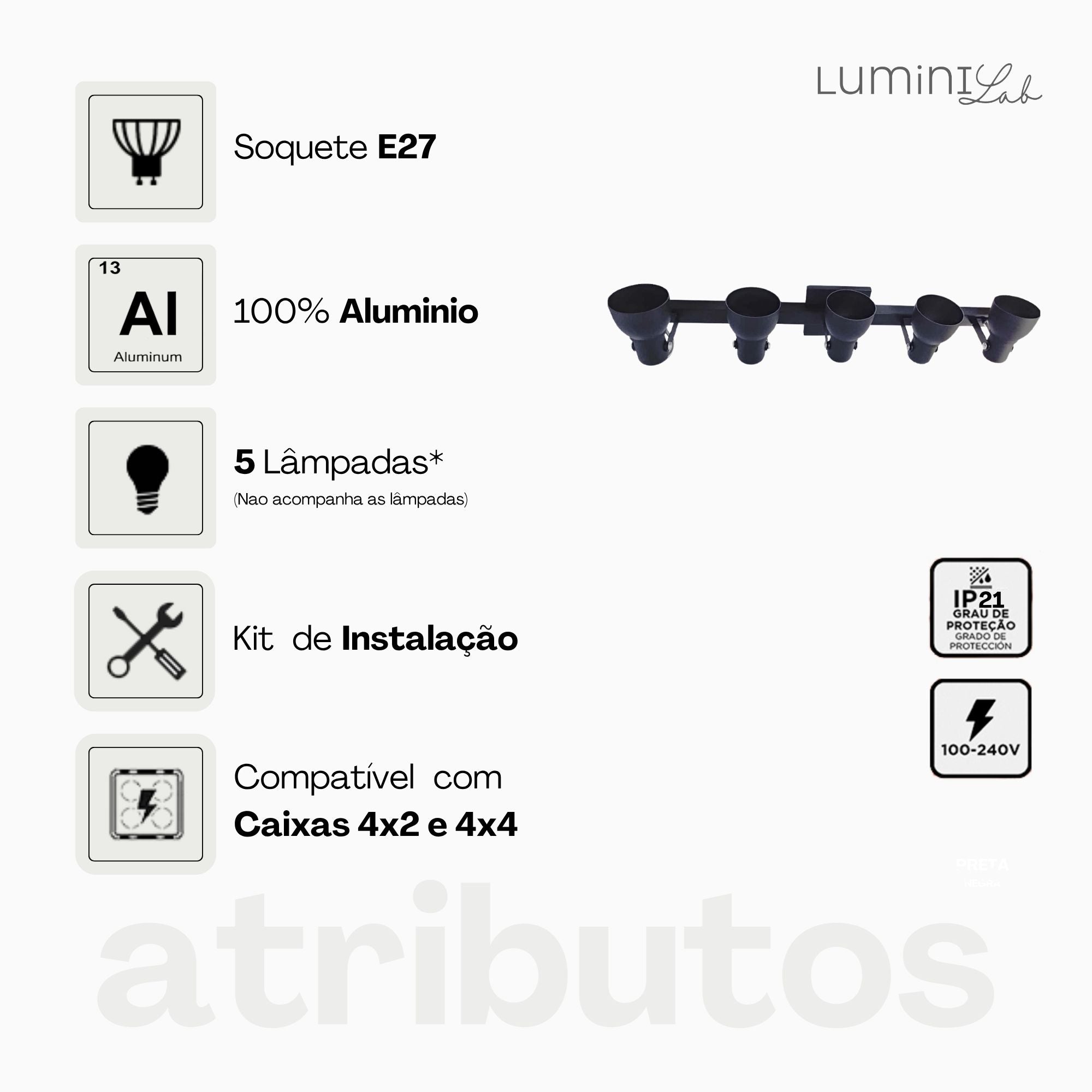 Spot Trilho Popular Aluminio Teto 5 Luzes E27 Bivolt Lumini Lab