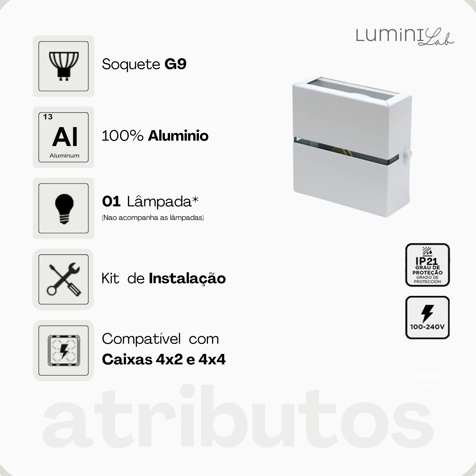 Arandela Slim Aluminio 2 Fachos Parede 1 Luz G9 Bivolt Lumini Lab