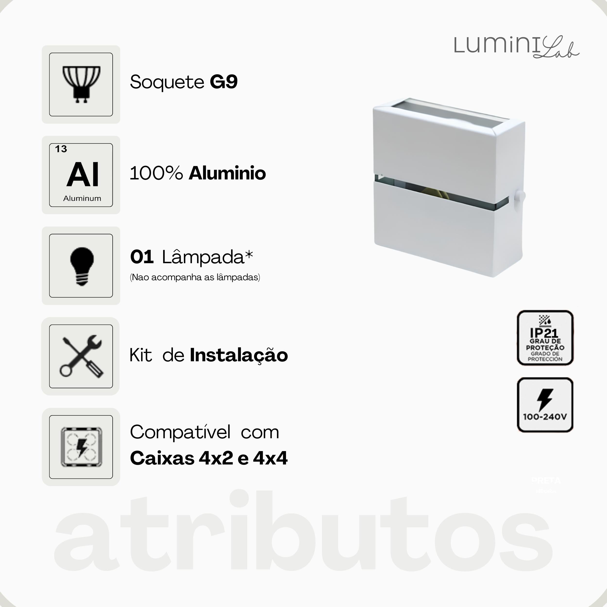Arandela Slim Aluminio 2 Fachos Parede 1 Luz G9 Bivolt Lumini Lab