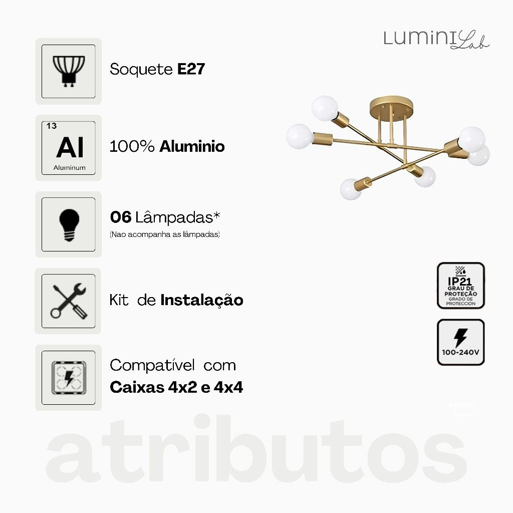 Plafon Premio Aluminio Teto E27 6 Luzes Lumini Lab