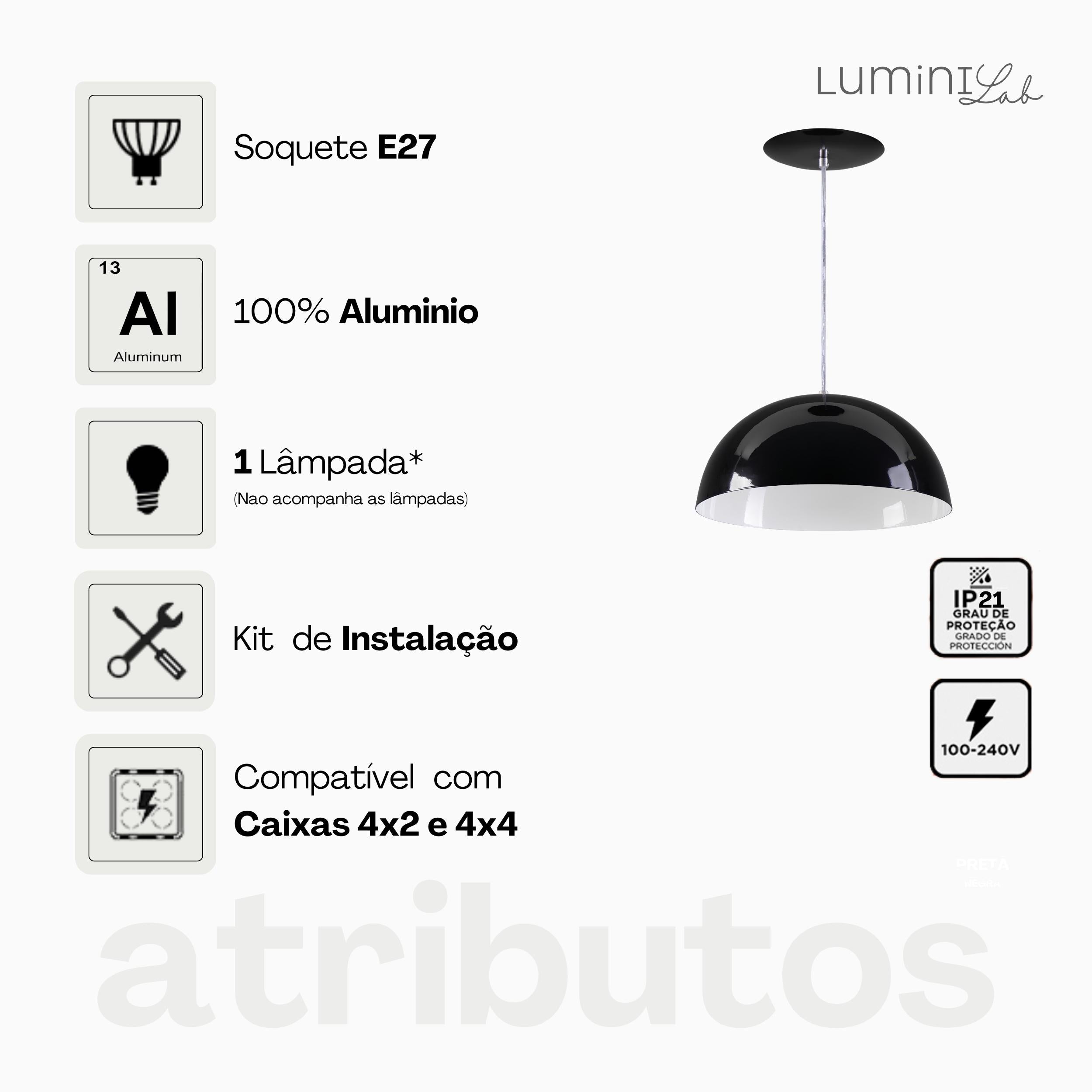 Pendente Meia Lua 30 cm Aluminio Teto E27 1 Luz Lumini Lab