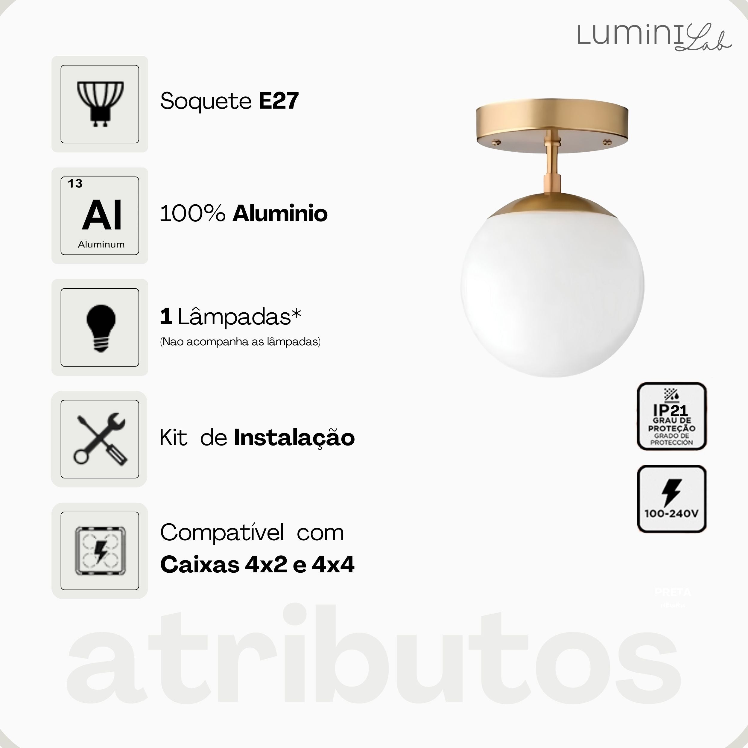 Plafon Jabuticaba Aluminio Teto 1 Luz E27 D15 Bivolt Lumini Lab