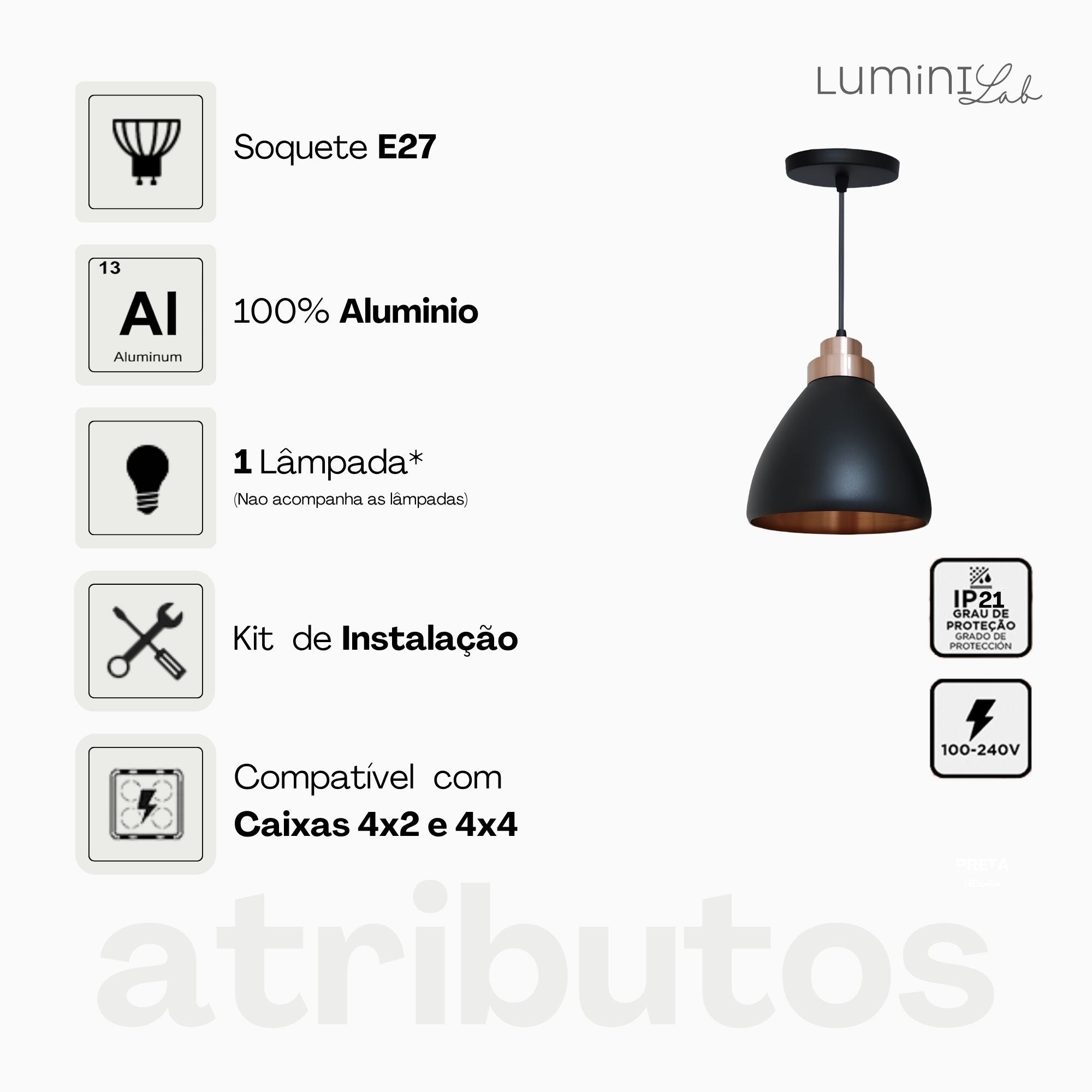 Pendente Moscou Aluminio Teto E27 1 Luz Lumini Lab