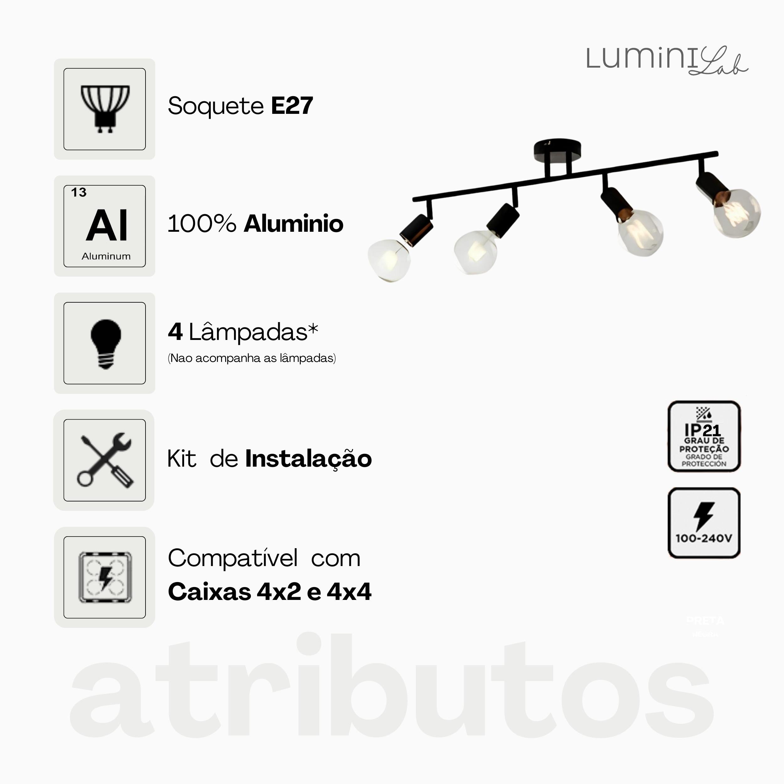 Spot Trilho Koppla Aluminio Teto E27 4 Luzes Lumini Lab