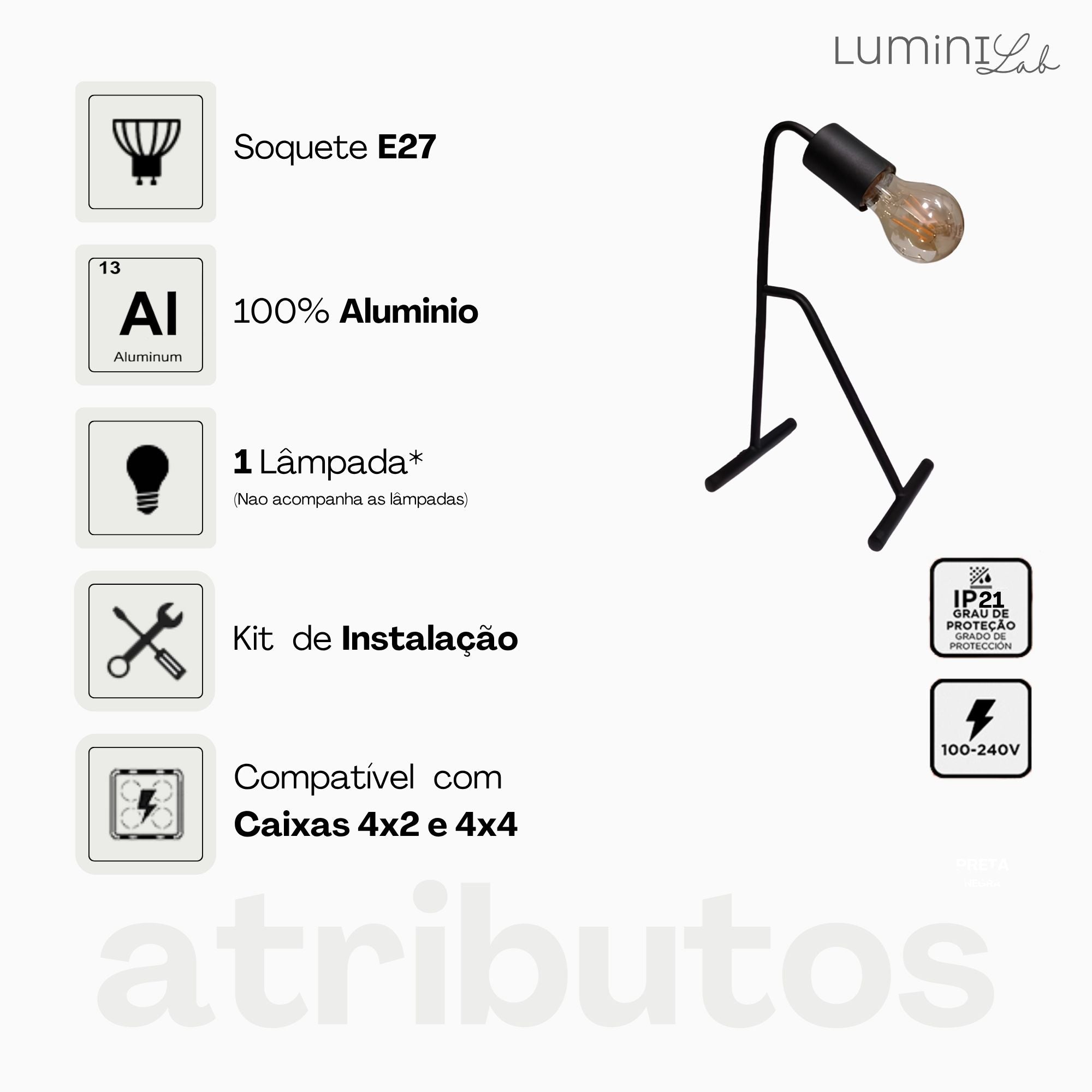 Luminaria de Mesa Pix Aluminio 1 Luz E27 Bivolt Lumini Lab
