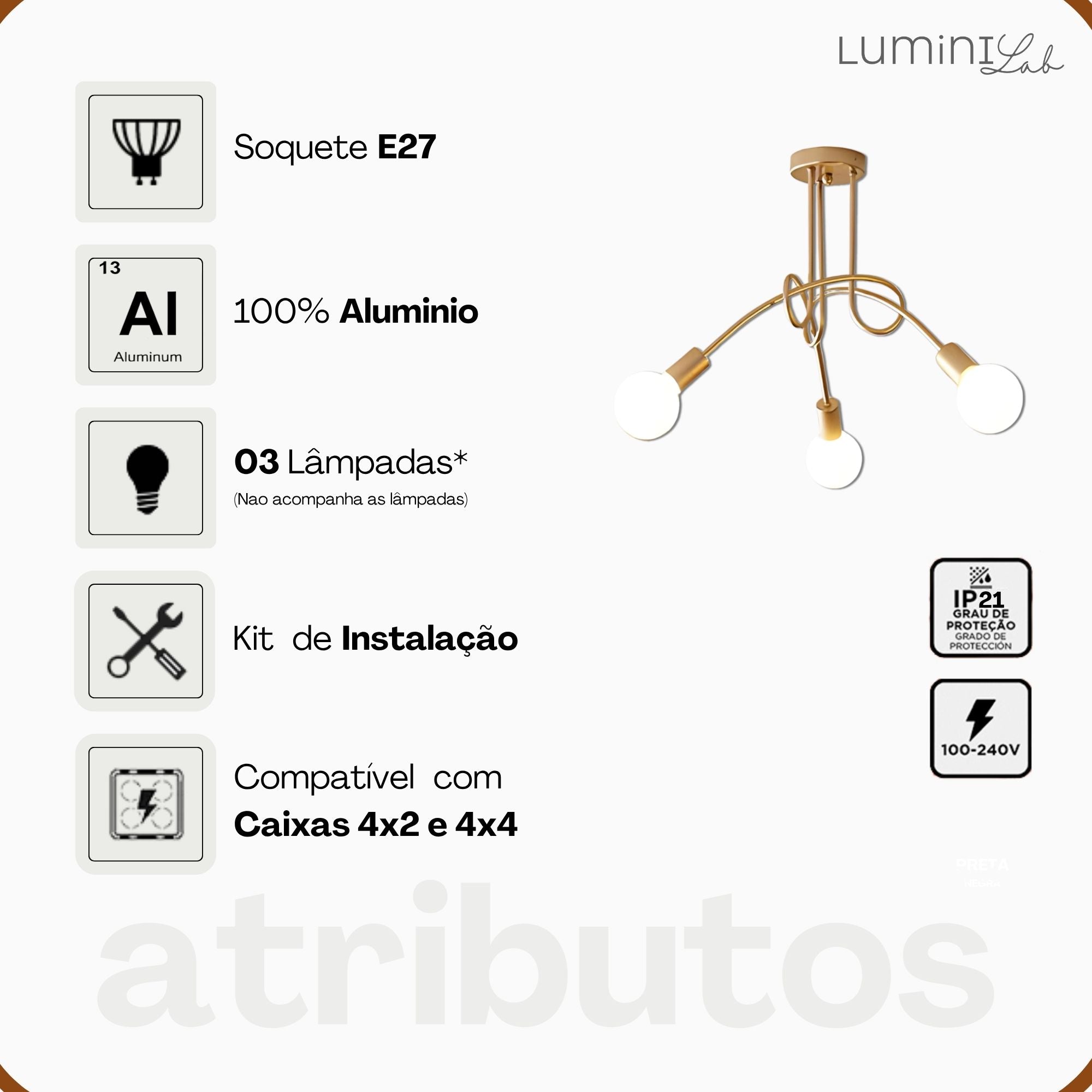 Plafon Laço Aluminio Teto E27 3 Luzes Lumini Lab