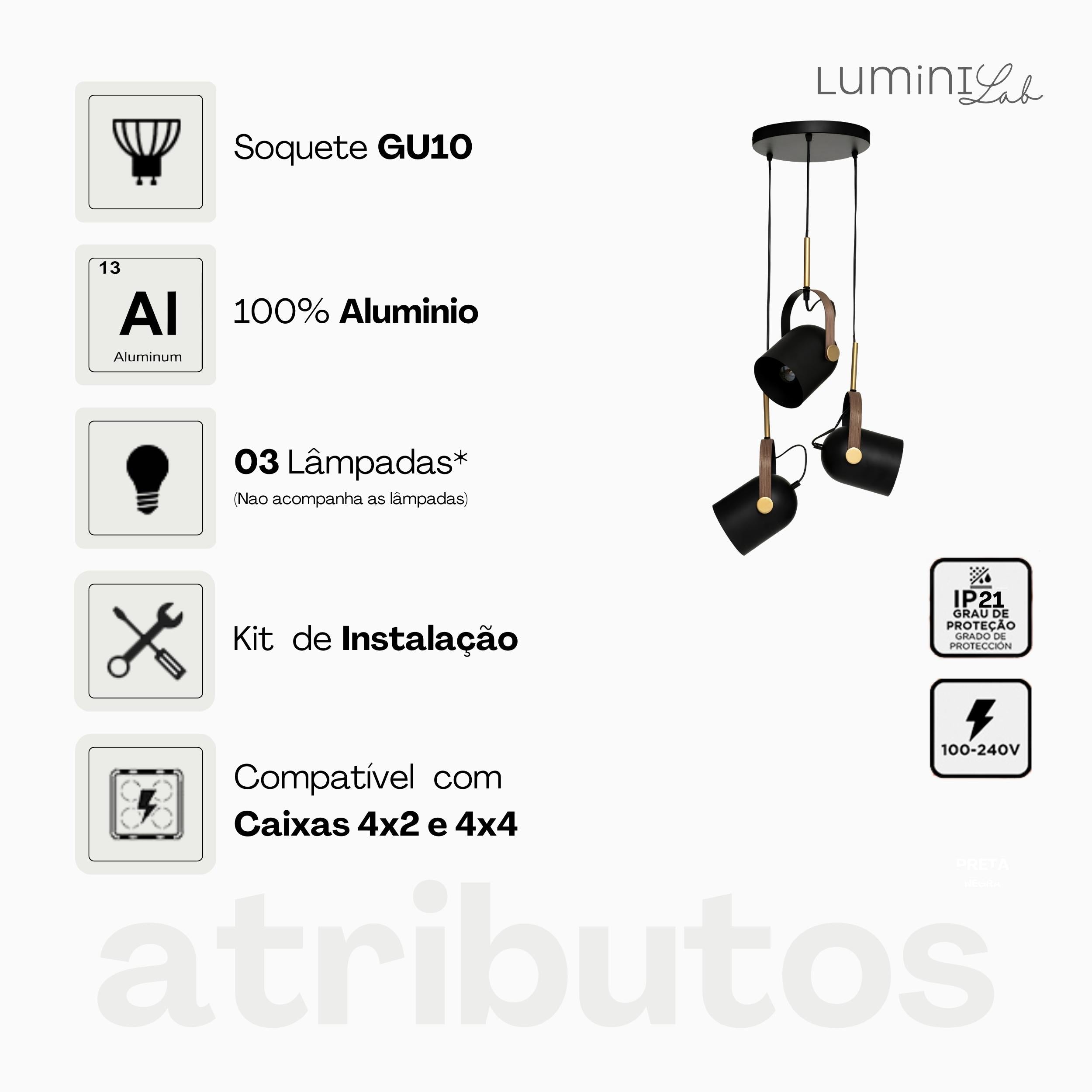 Pendente Quila Aluminio Teto Cabo 1 metro 3 Luzes GU10 Bivolt Lumini Lab