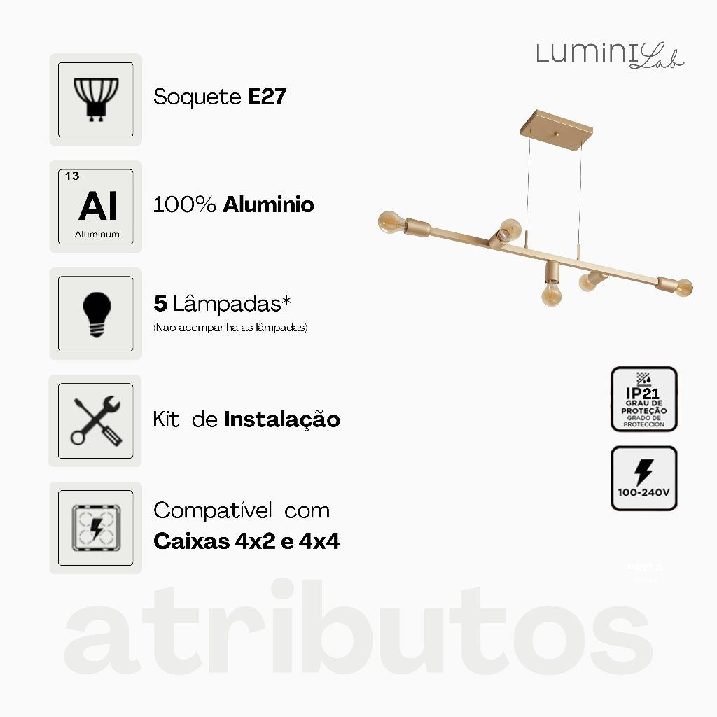 Pendente Tazza Aluminio Teto E27 5 Luzes Lumini Lab