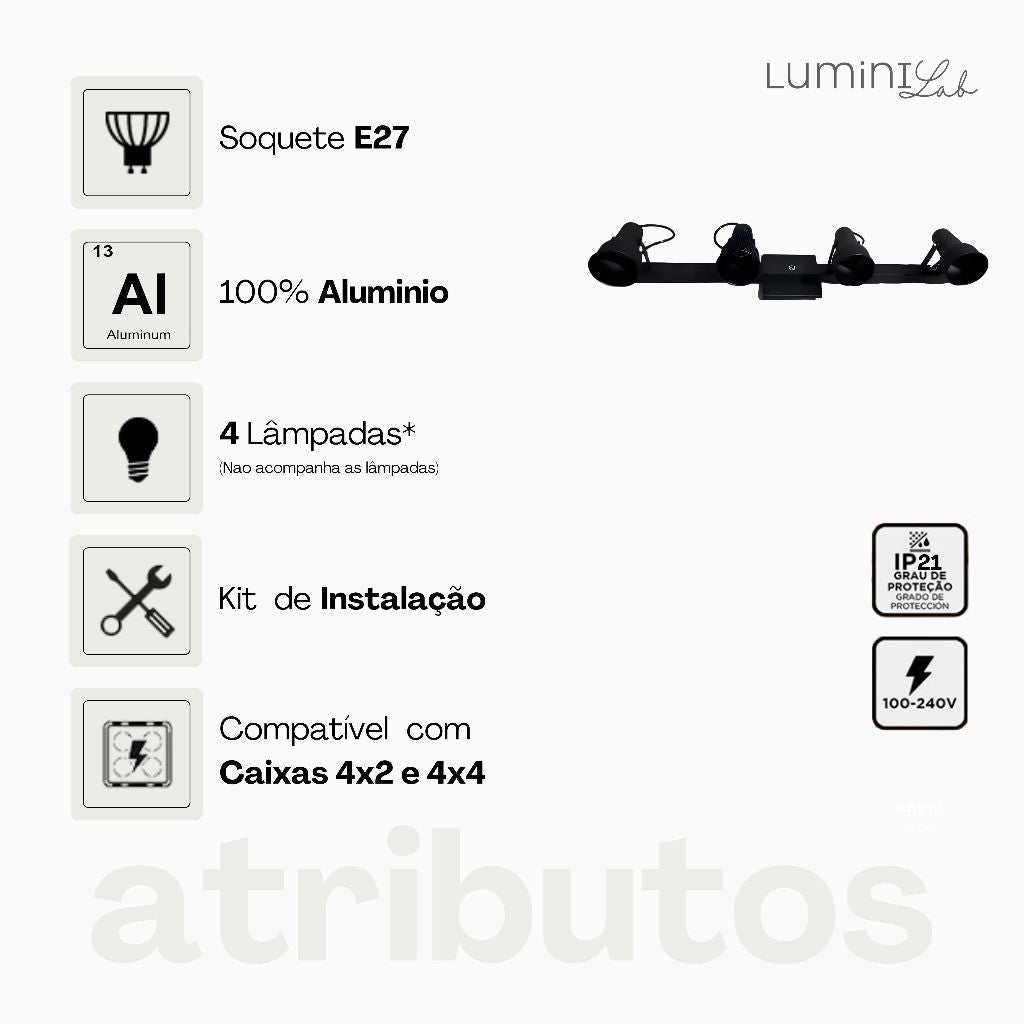 Spot Trilho PAR 20 Aluminio Teto 4 Luzes E27 Bivolt Lumini Lab