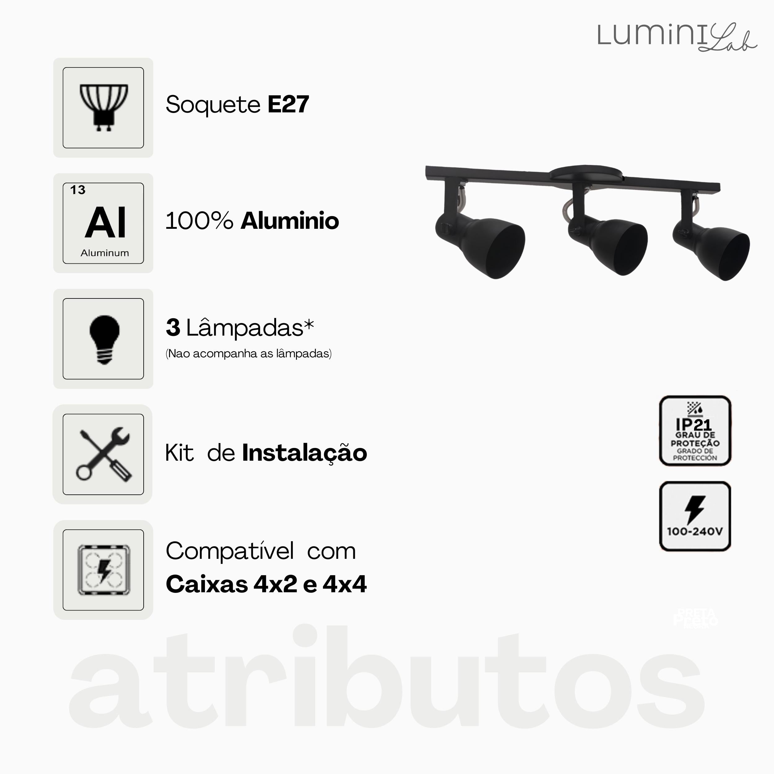 Spot Trilho Light Aluminio Teto E27 3 Luzes Lumini Lab