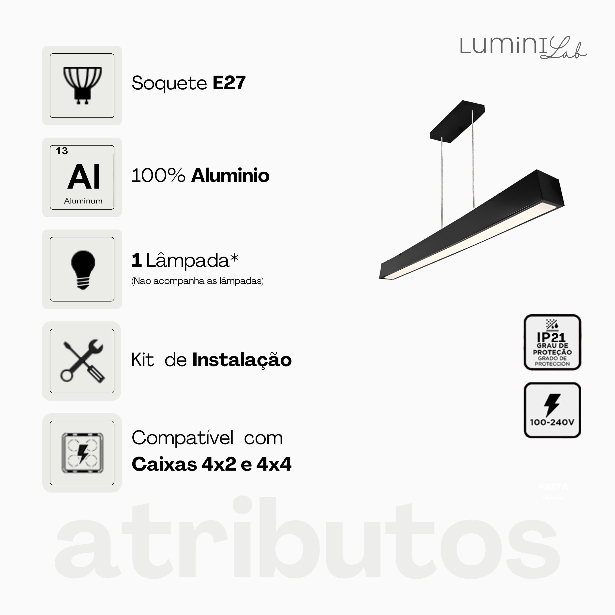 Pendente Office Aluminio Teto Cabo 1 metro 1 Luz T8 Bivolt Lumini Lab