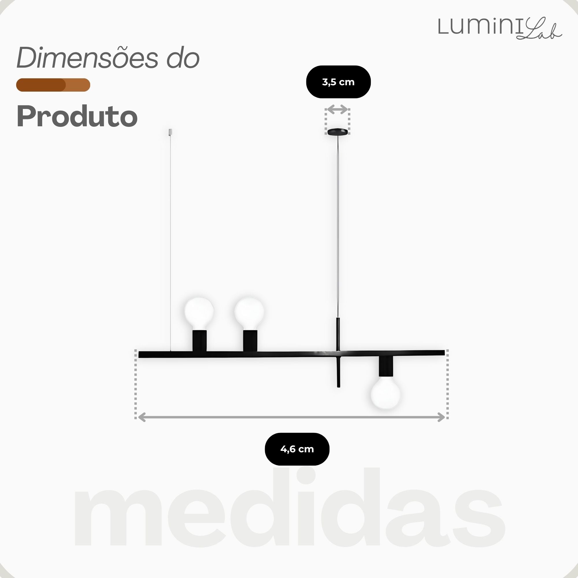 Pendente Linea Aluminio Teto Cabo 1 metro 3 Luzes E27 Bivolt Lumini Lab