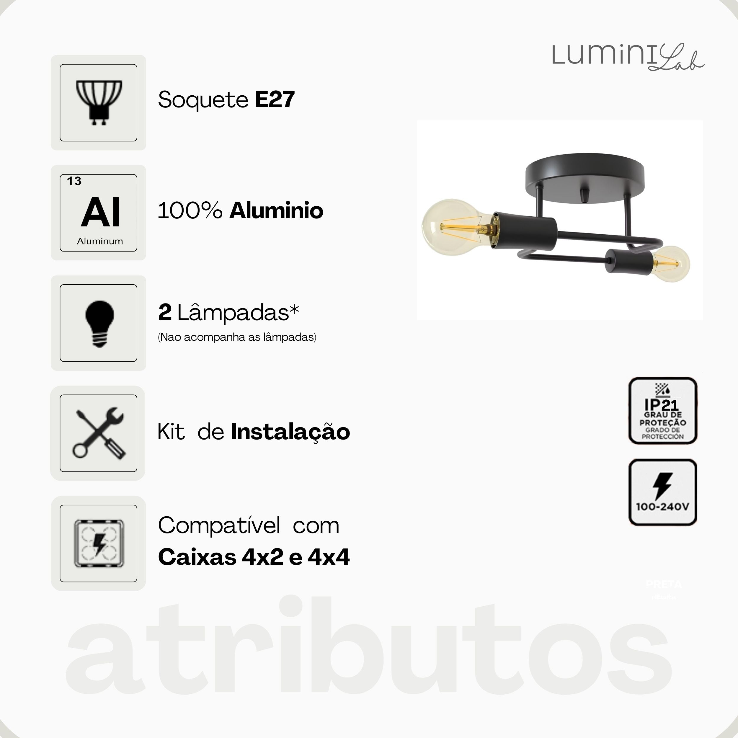 Plafon Marrakesh Aluminio Teto 2 Luzes E27 Bivolt Lumini Lab