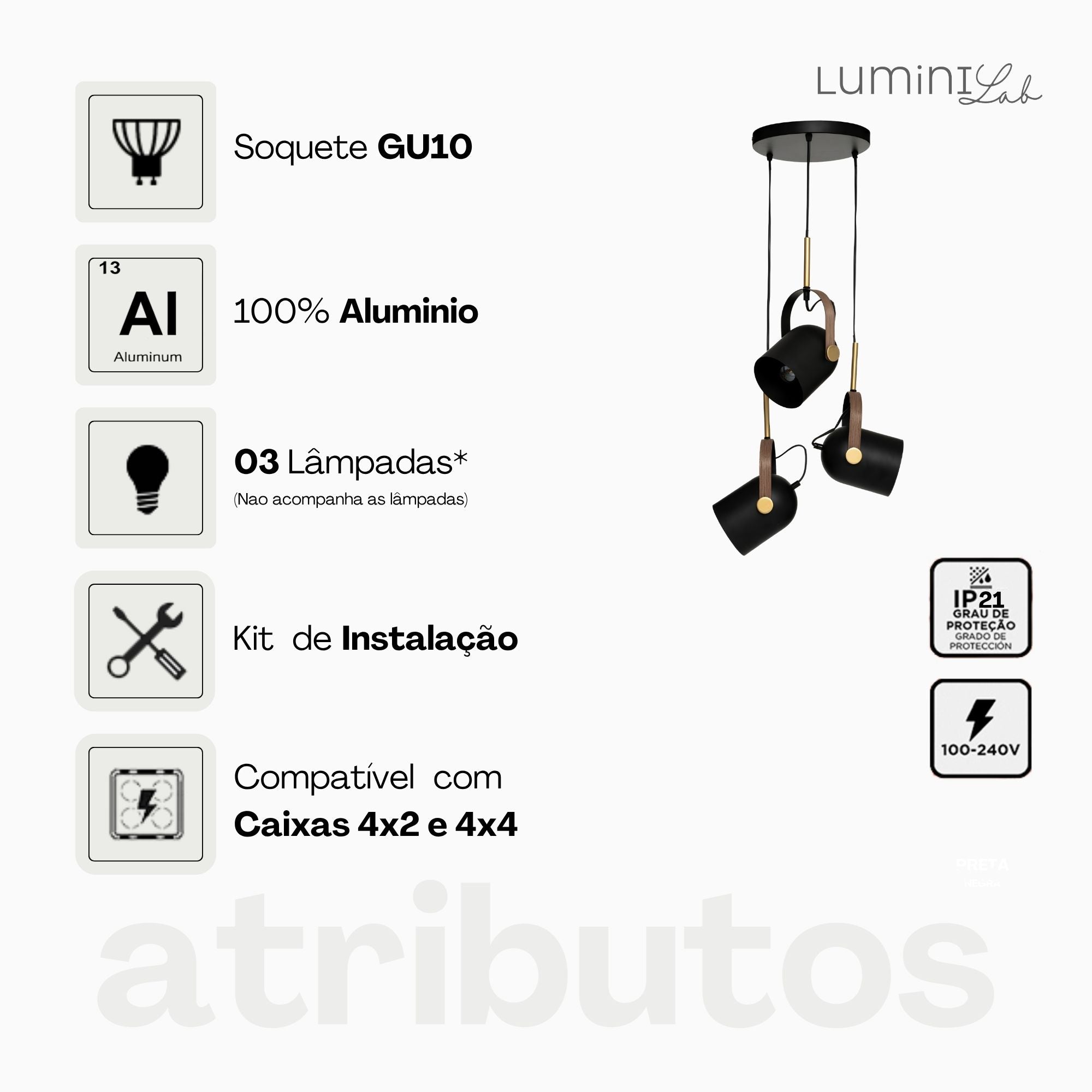 Pendente Quila Aluminio Teto Cabo 1 metro 3 Luzes GU10 Bivolt Lumini Lab