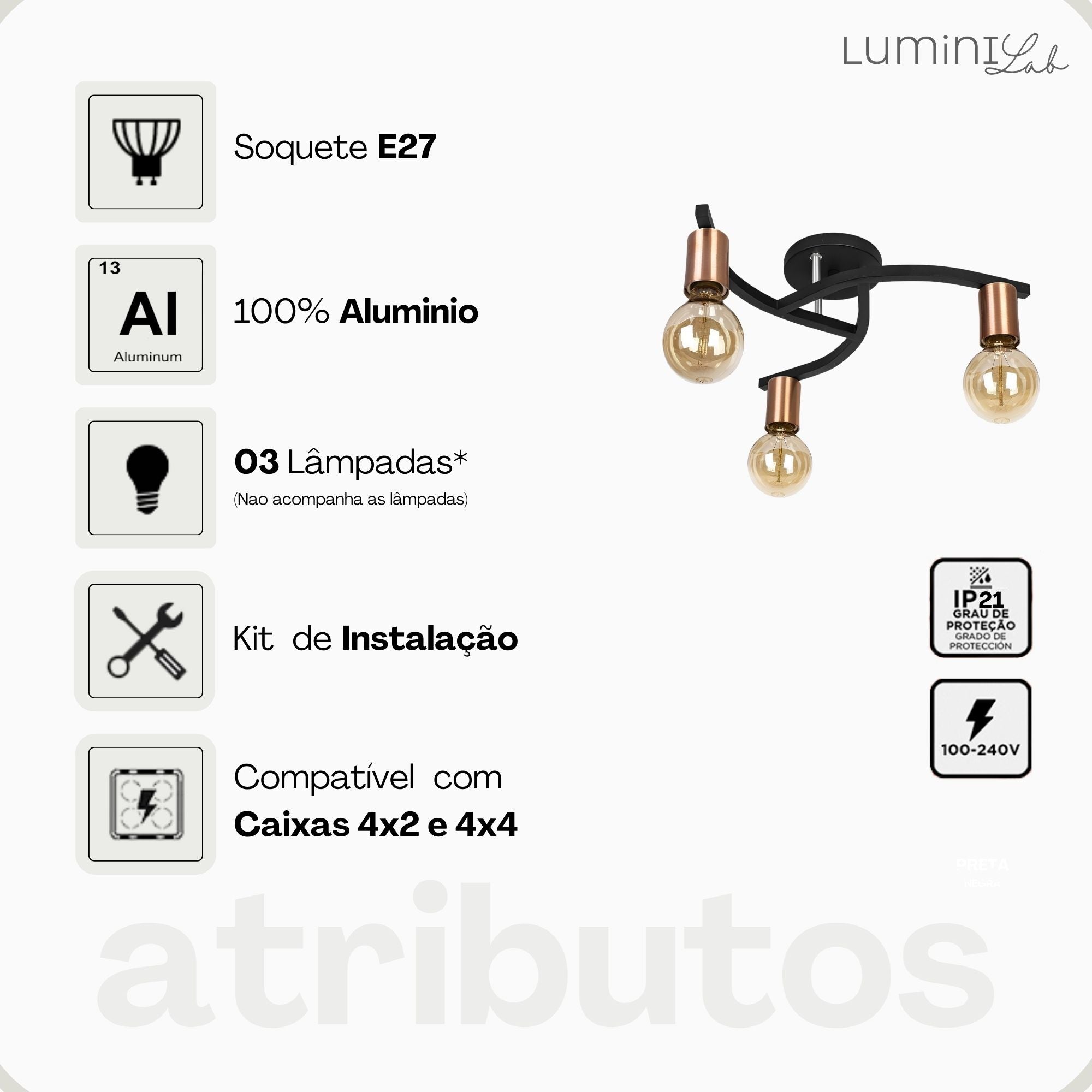 Plafon Marrakesh Aluminio Teto E27 3 Luzes Lumini Lab