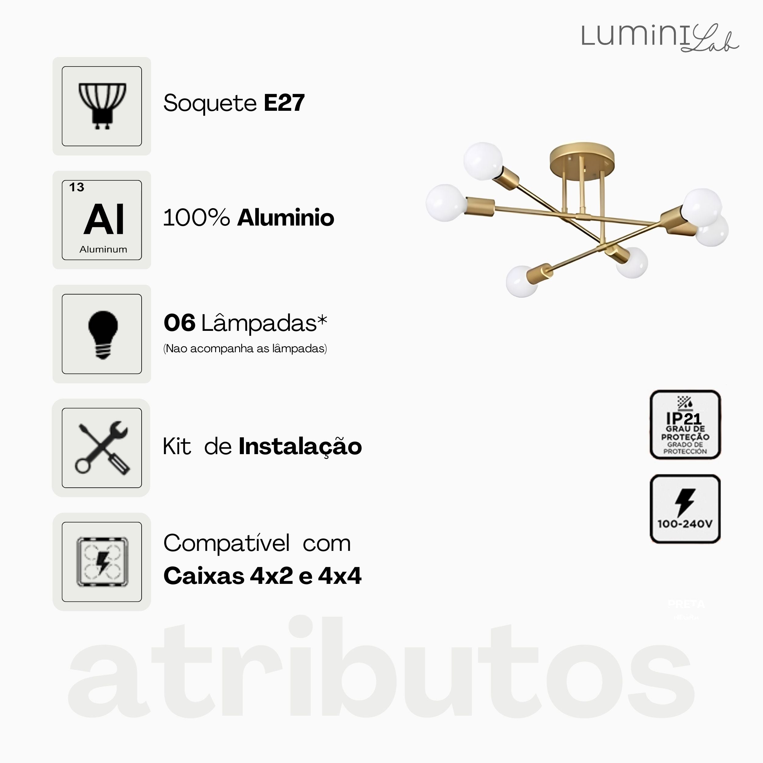 Plafon Premio Aluminio Teto E27 6 Luzes Lumini Lab