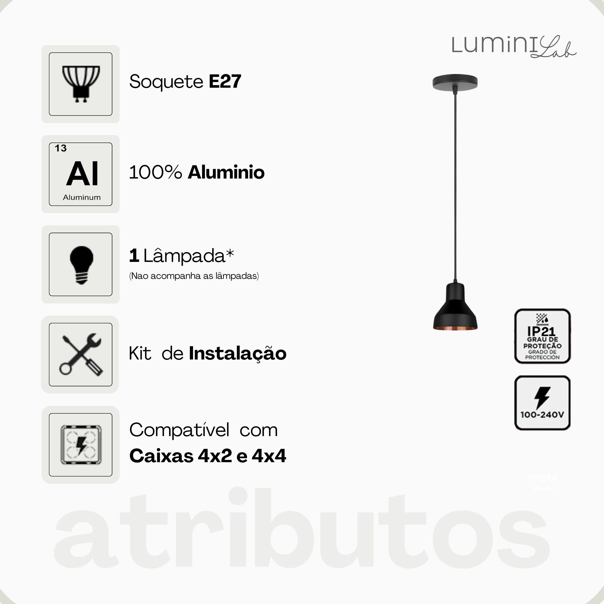 Pendente Sino Aluminio Teto E27 1 Luz Lumini Lab