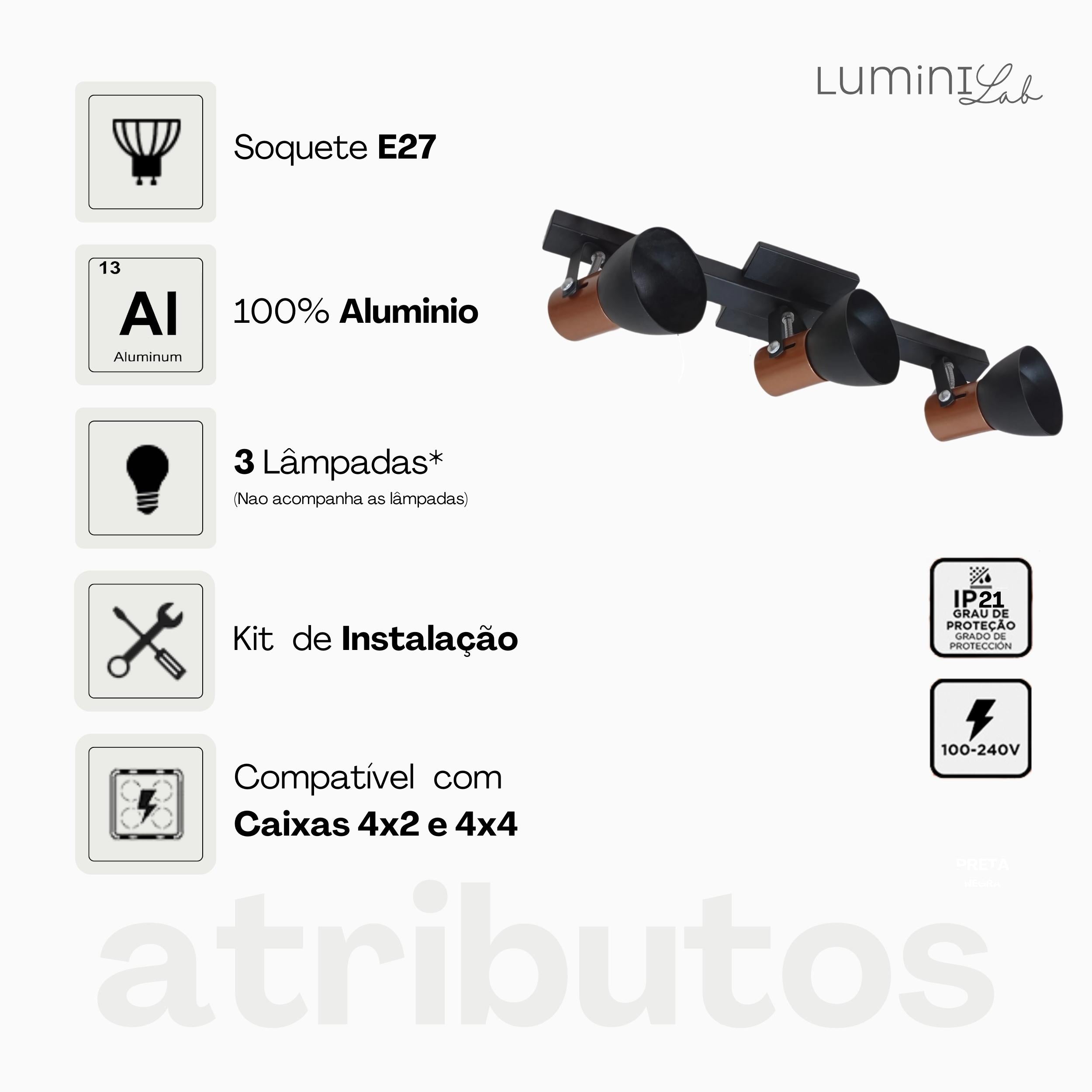 Spot Trilho Cone Aluminio 3 Lâmpadas E27 Lumini Lab
