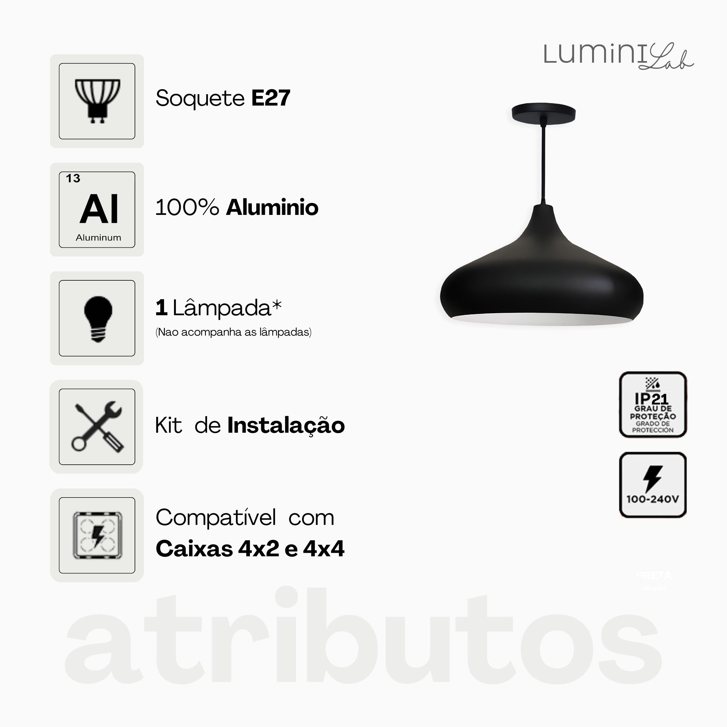 Pendente Gomo Aluminio Teto E27 1 Luz Lumini Lab