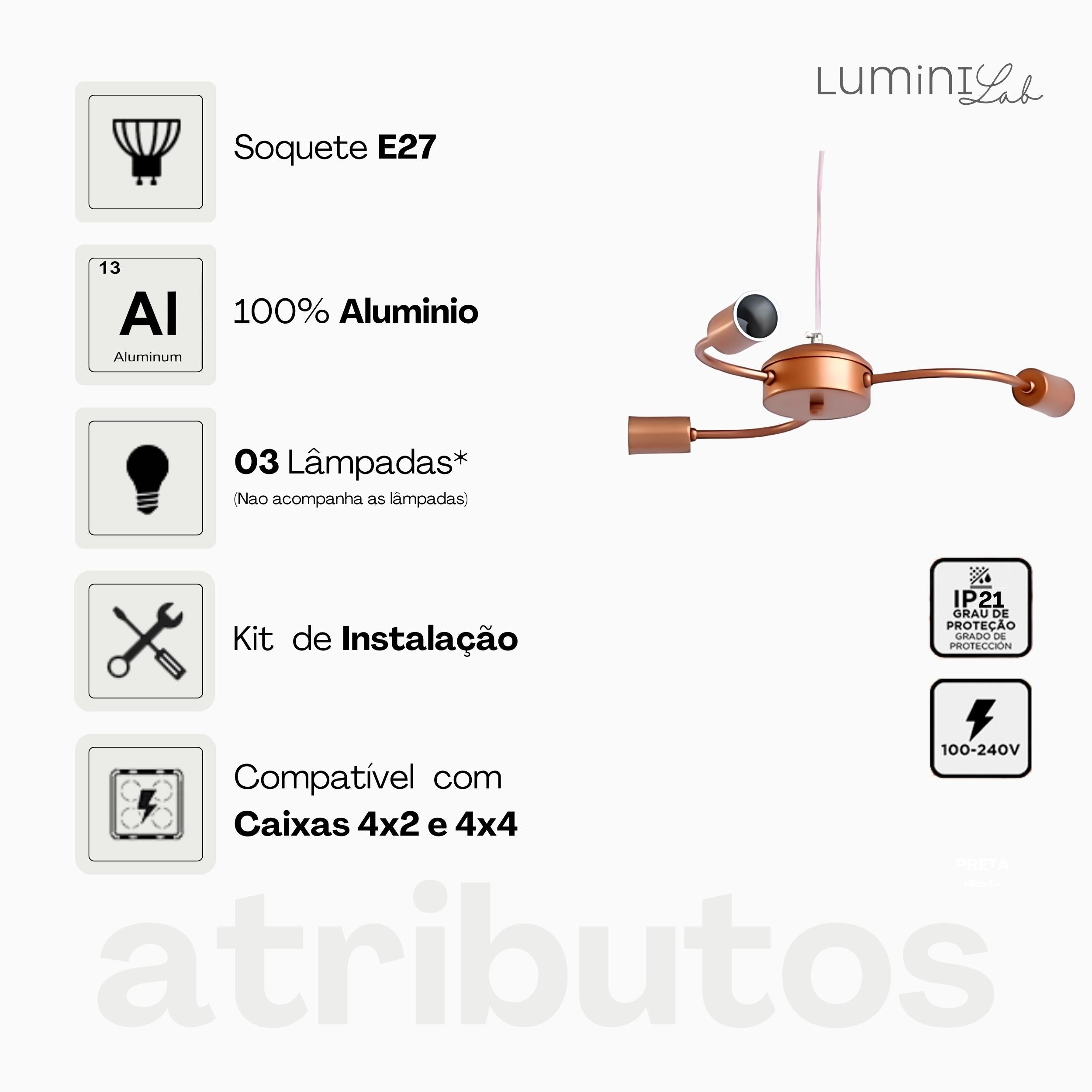 Pendente Master Aluminio Teto Cabo 1 metro 3 Luzes E27 Bivolt Lumini Lab