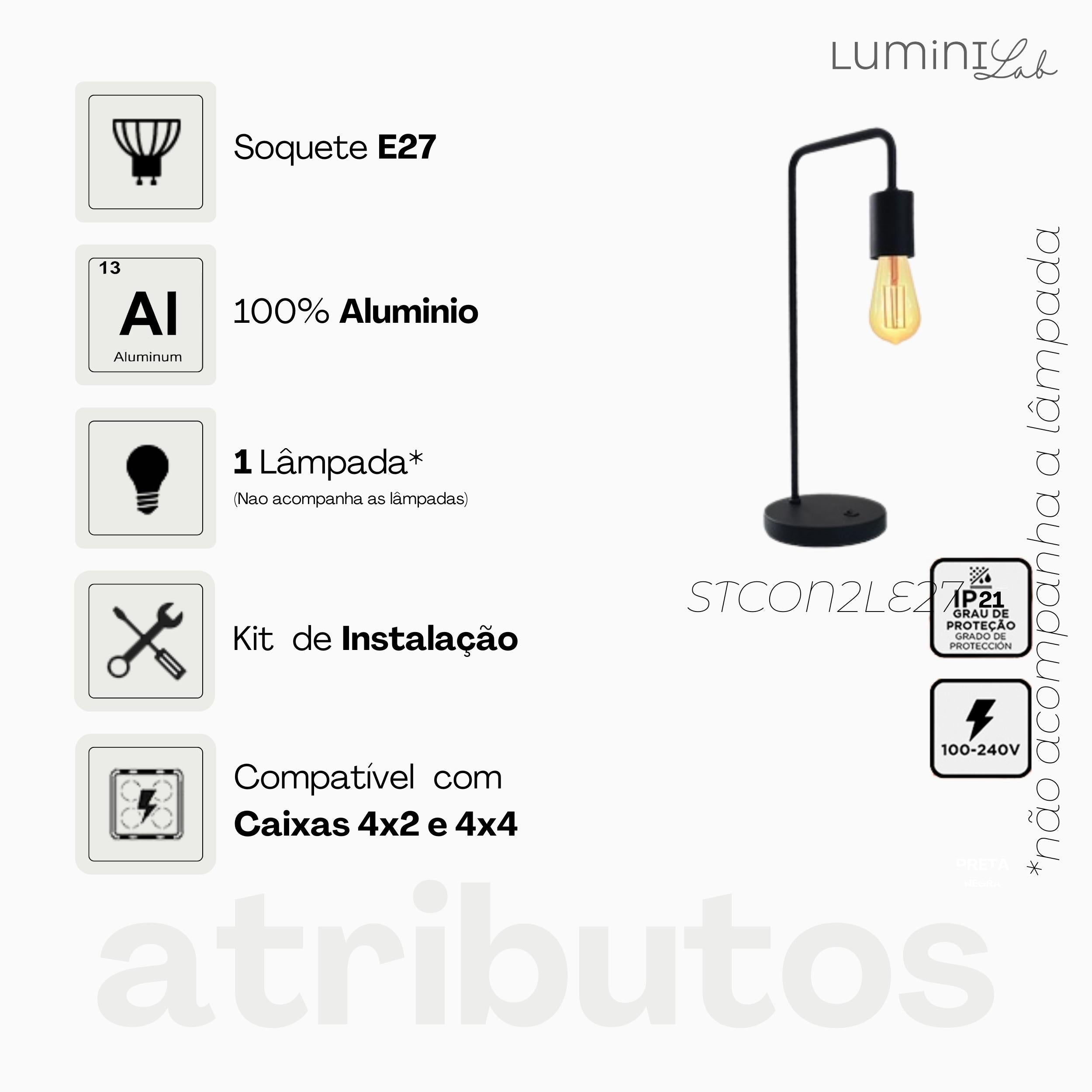 Pendente Corda Aluminio Teto Cabo 1 metro 1 Luz E27 Bivolt Lumini Lab