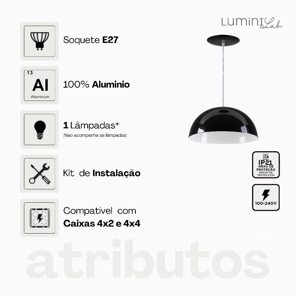 Pendente Meia Lua 30 cm Aluminio Teto E27 1 Luz Lumini Lab