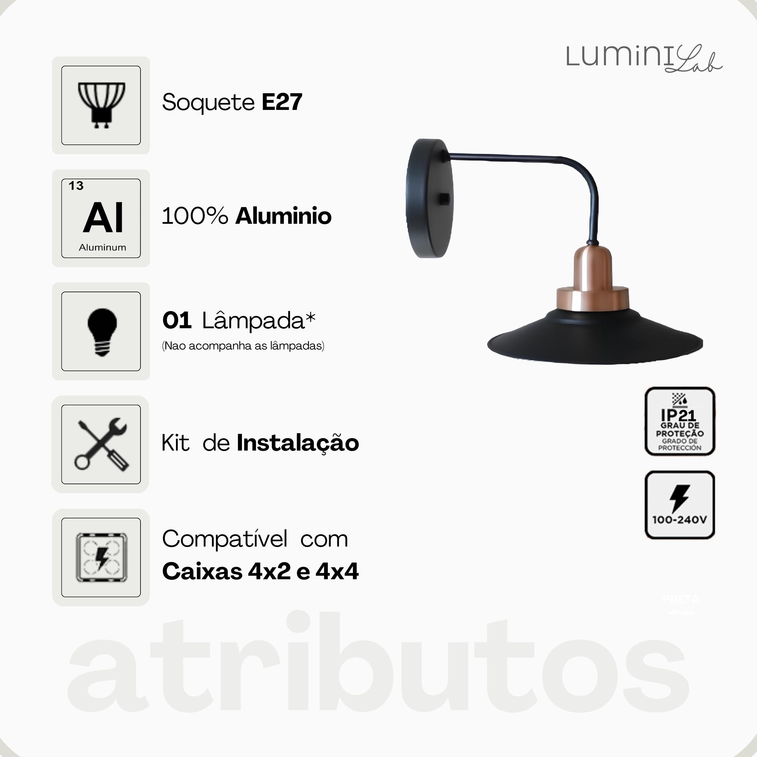Arandela Show Aluminio Parede E27 1 Luz Lumini Lab