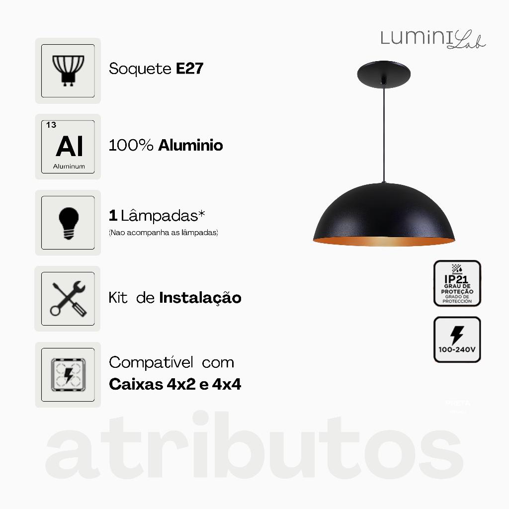 Pendente Meia Lua 38 Aluminio Teto Cabo 1 metro 1 Luz E27 Bivolt Lumini Lab