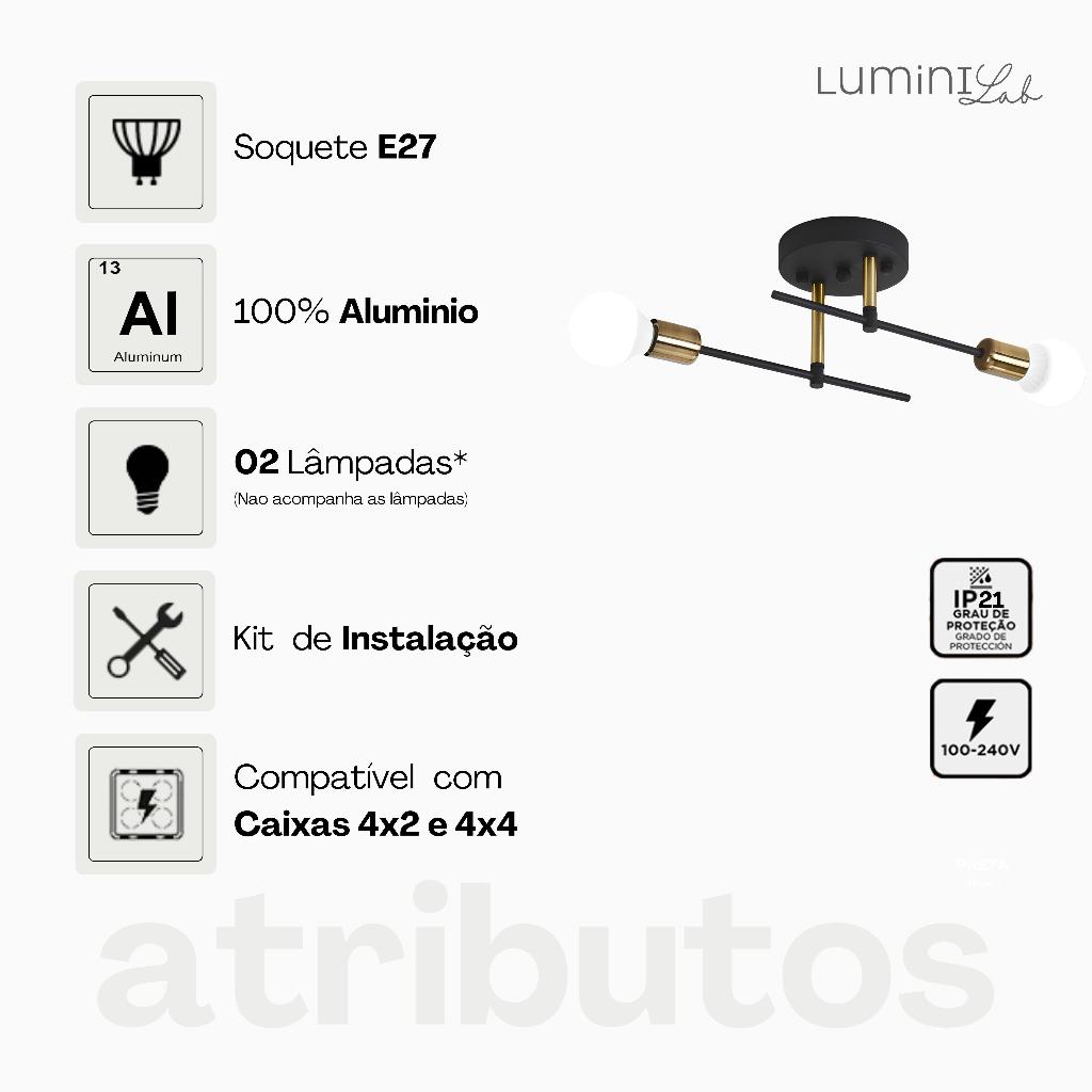 Plafon Naviano Aluminio Teto E27 2 Luzes Lumini Lab