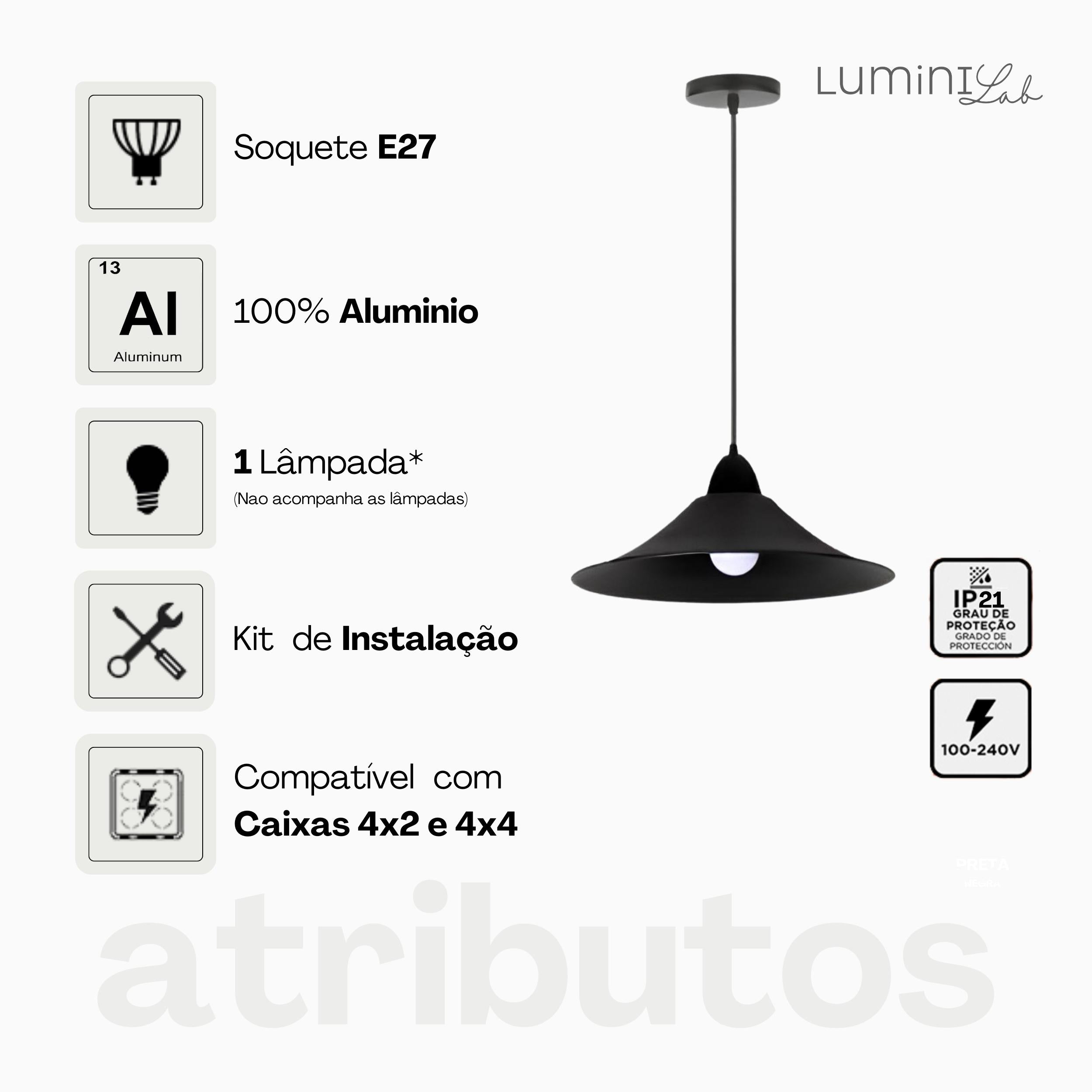 Pendente Bahrein Aluminio Teto E27 1 Luz Lumini Lab