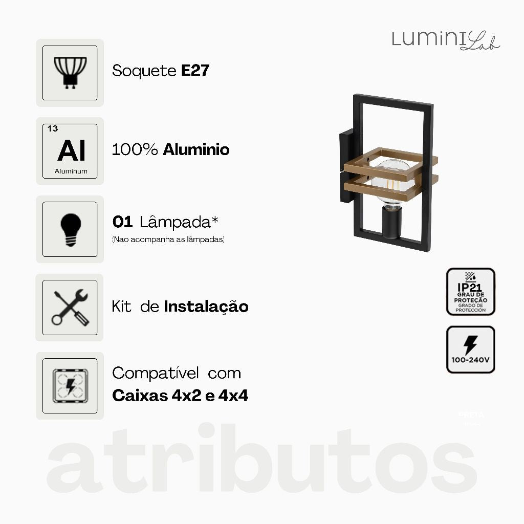 Arandela Moldura Aluminio Parede 1 Luz E27 Bivolt Lumini Lab