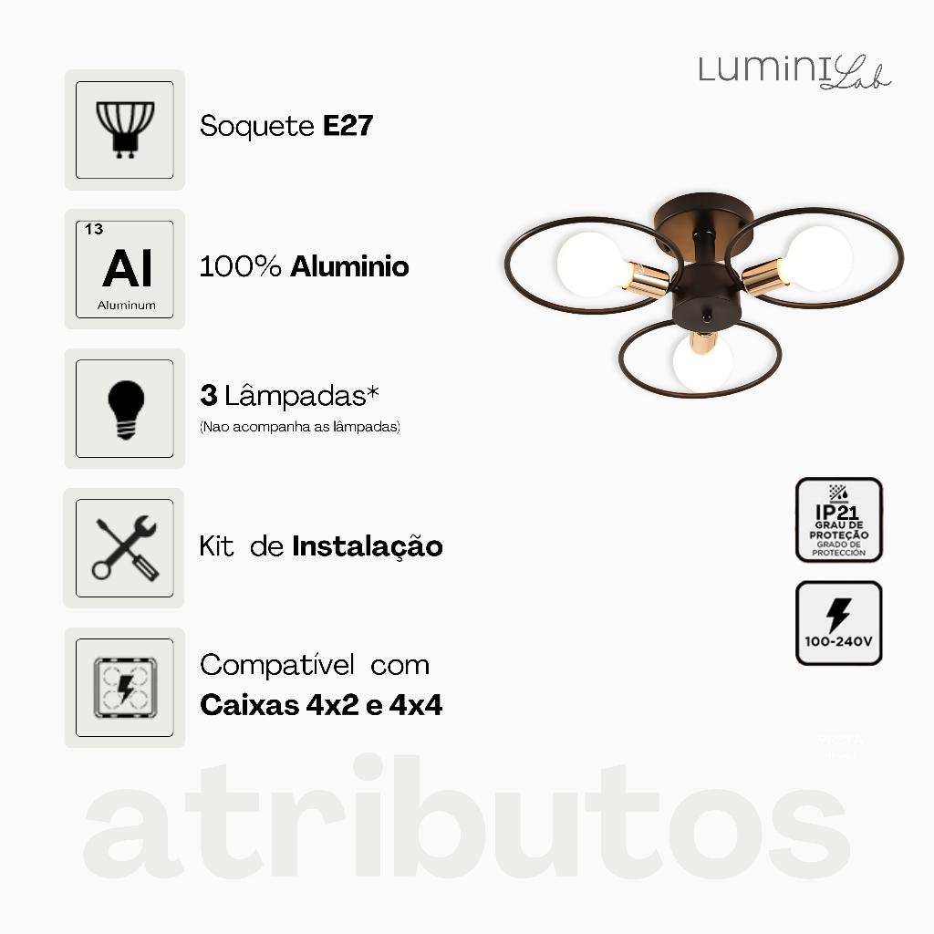 Plafon Tres Arcos Aluminio Teto E27 3 Luzes Lumini Lab