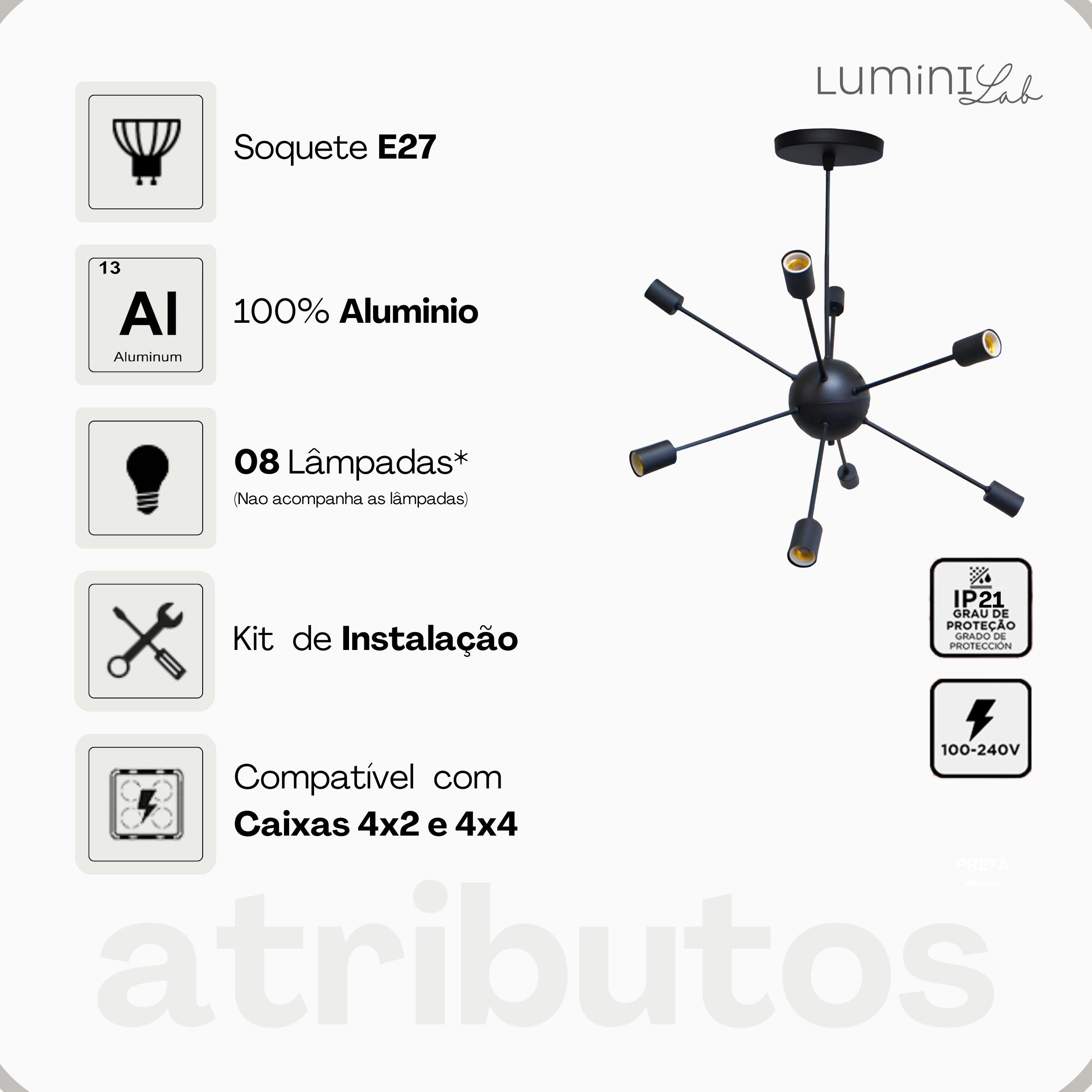 Pendente Sputnik Aluminio 8 Luzes E27 Lumini Lab
