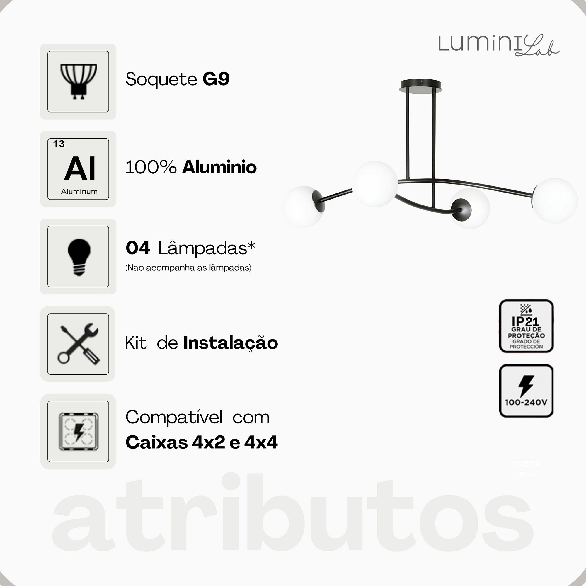 Plafon Halldor Aluminio Teto 4 Luzes G9 D12 Bivolt Lumini Lab