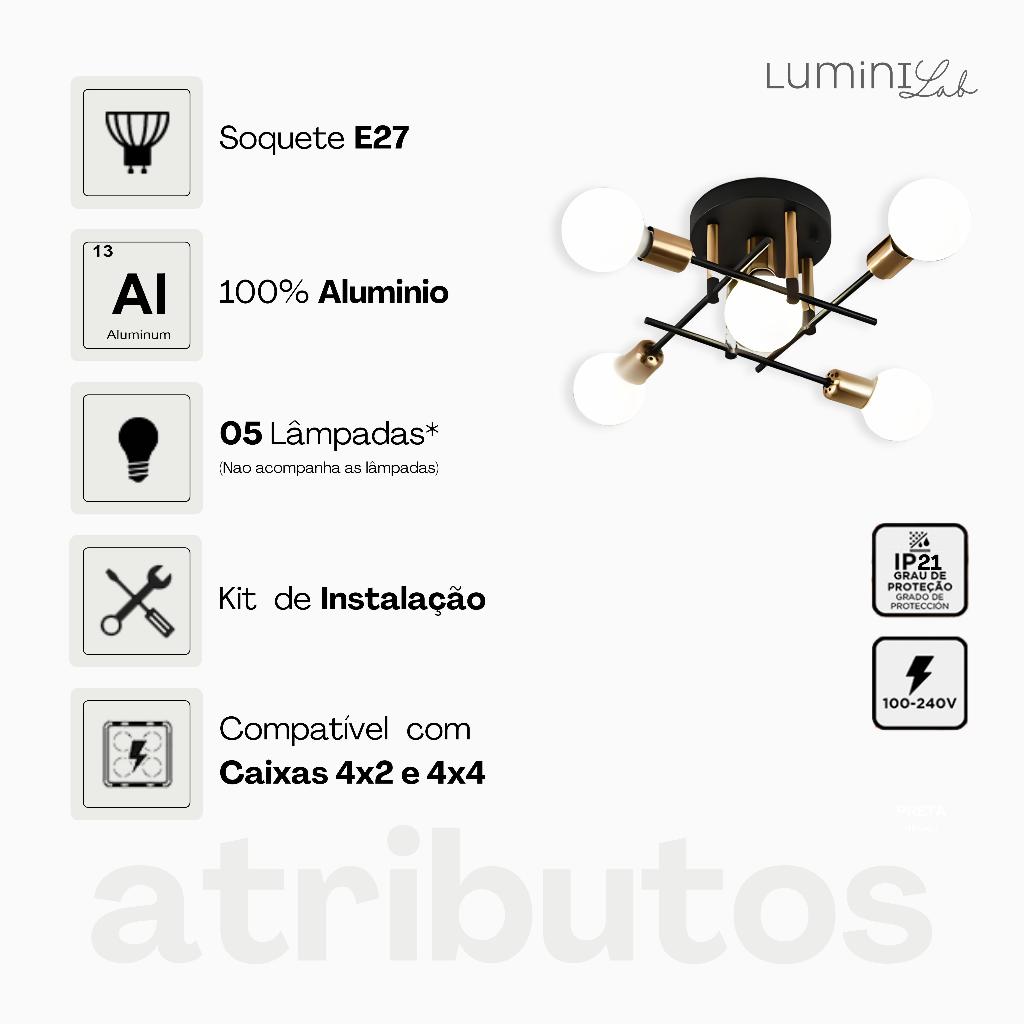 Plafon Central Aluminio Teto E27 5 Luzes Lumini Lab