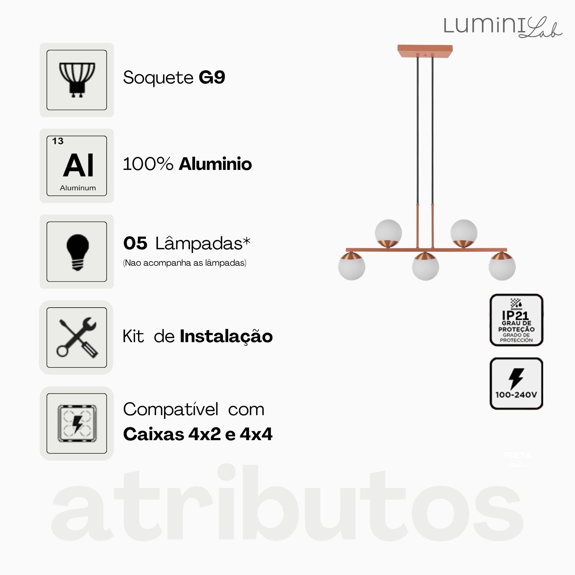 Pendente Orbe Aluminio Teto Cabo 1 metro 5 Luzes G9 D12 Bivolt Lumini Lab