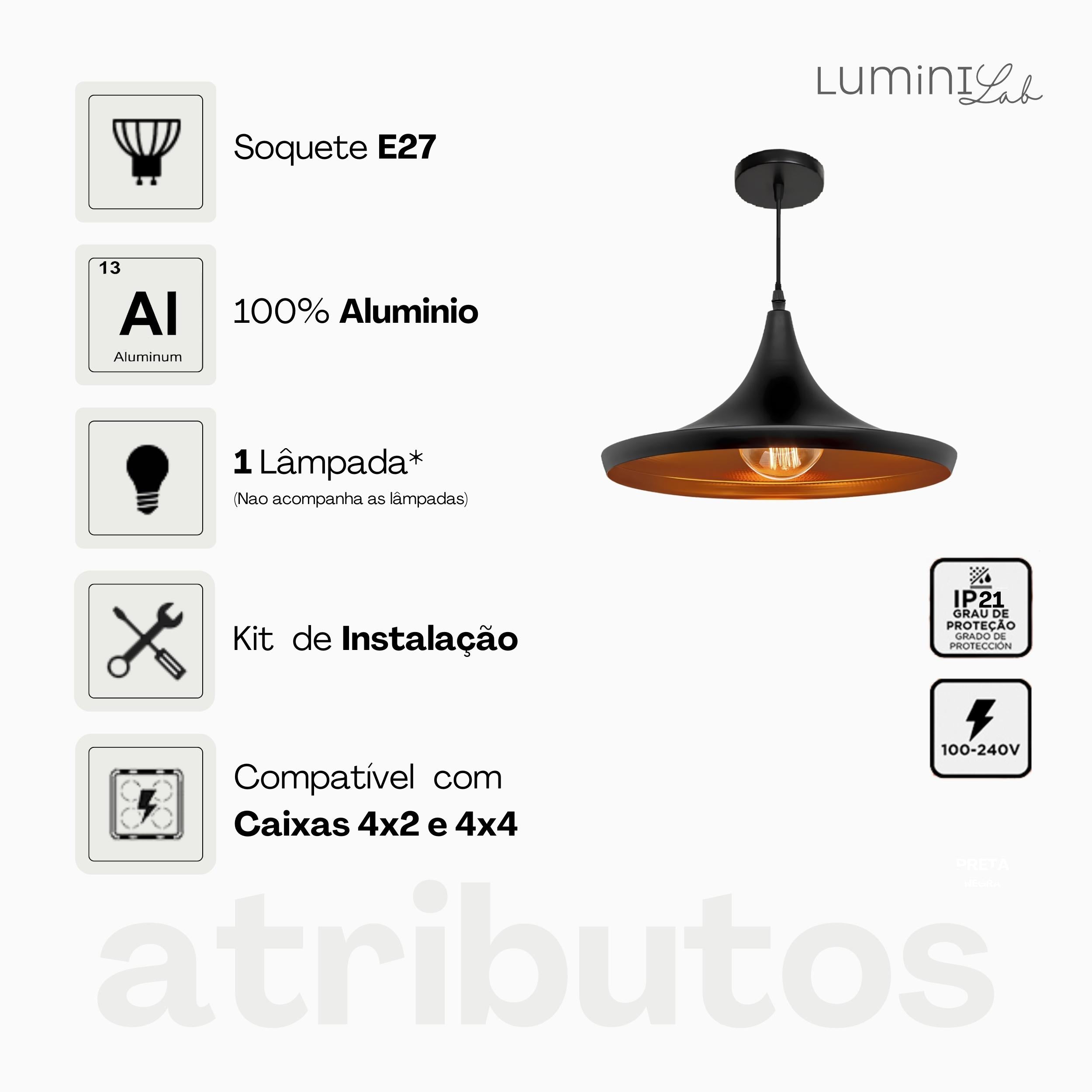 Pendente Chapeu Aluminio Teto E27 1 Luz Lumini Lab