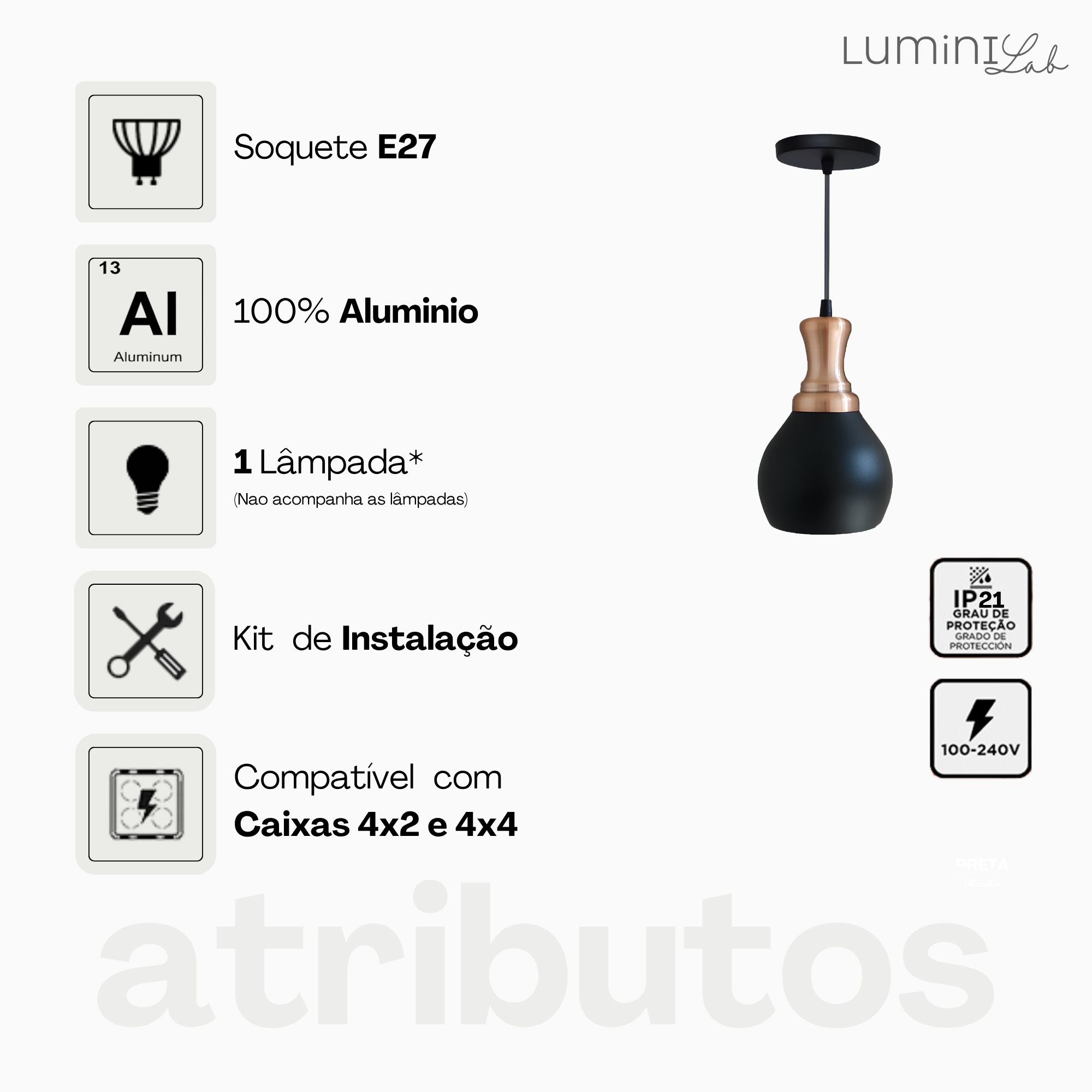 Pendente Tulipa Aluminio Teto E27 1 Luz Lumini Lab