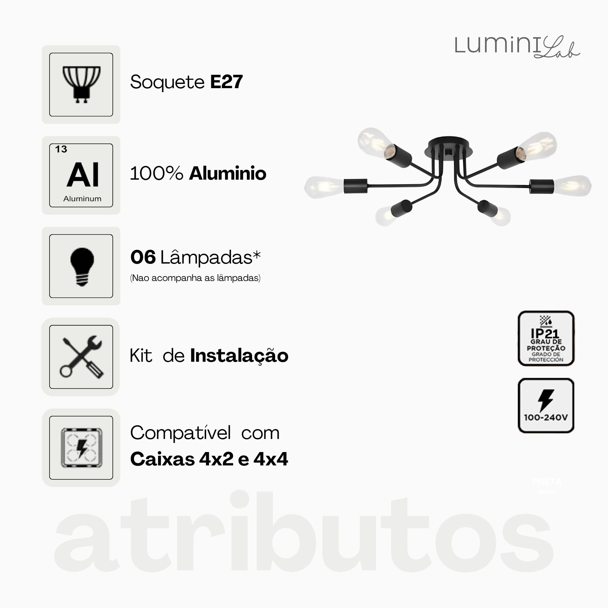 Plafon Aranha Aluminio Teto 6 Luzes E27 Bivolt Lumini Lab