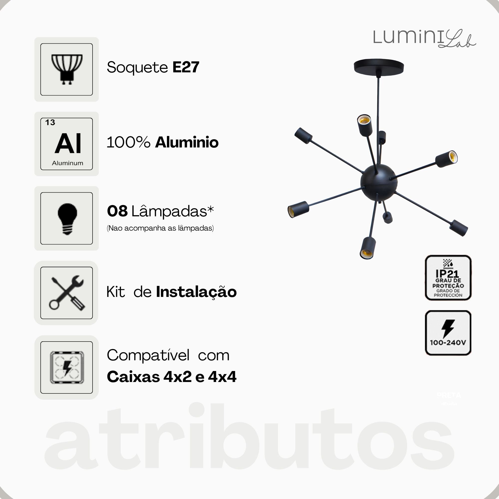 Pendente Sputnik Aluminio 8 Luzes E27 Lumini Lab