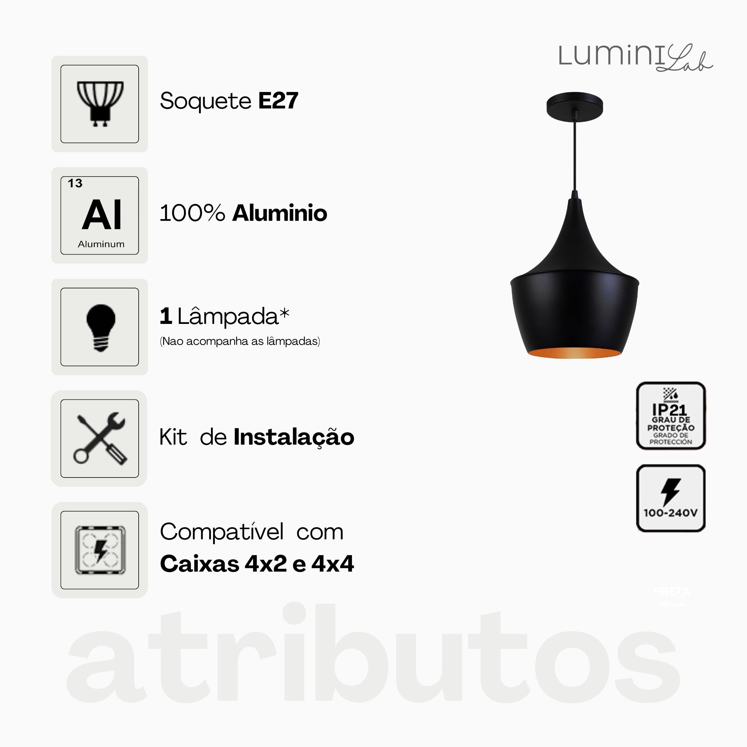 Pendente New Yorque Aluminio Teto Cabo 1 metro 1 Luz E27 Bivolt Lumini Lab